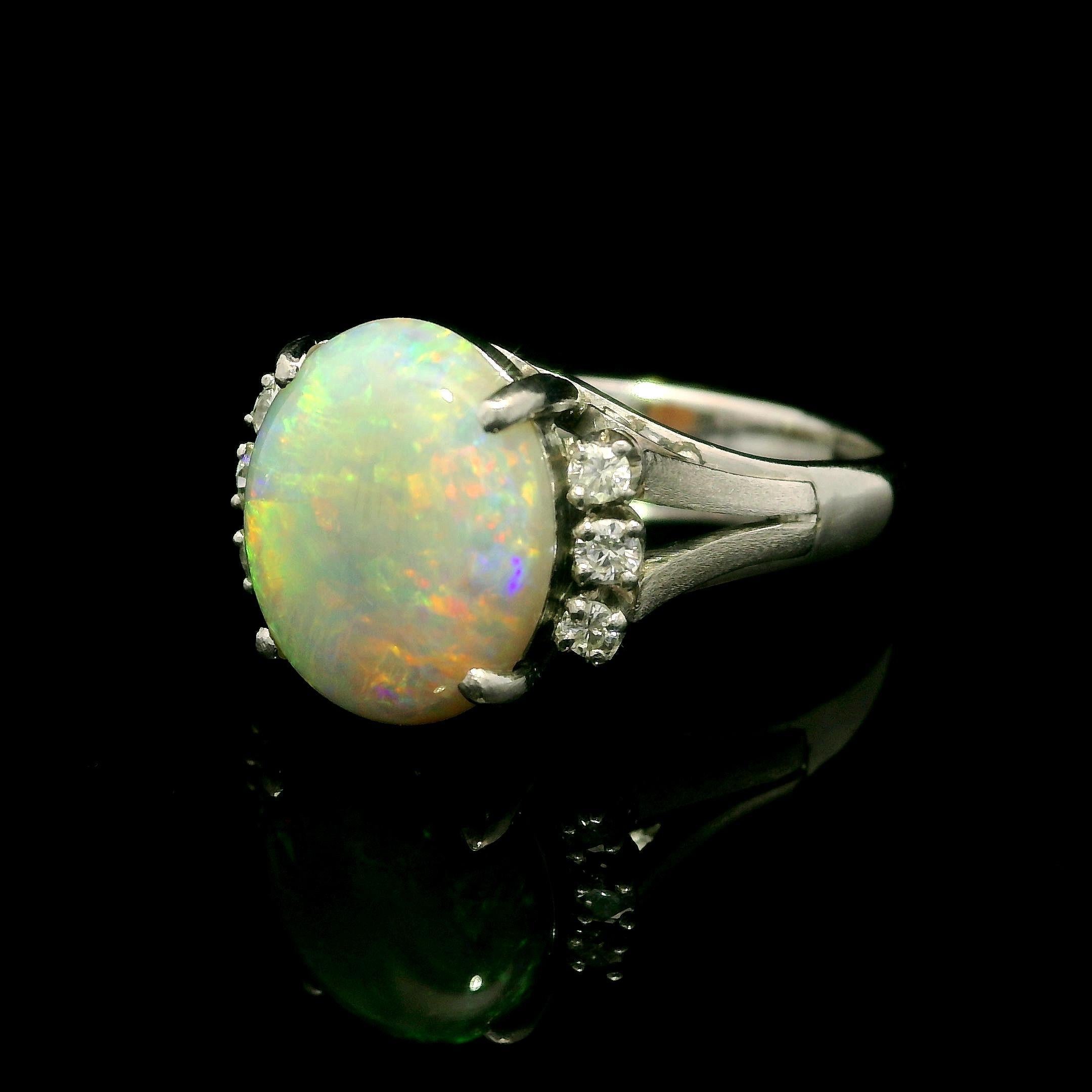 Vintage Platinum 2.51ctw Oval Opal & Diamond Accents Classic Ring For Sale 11