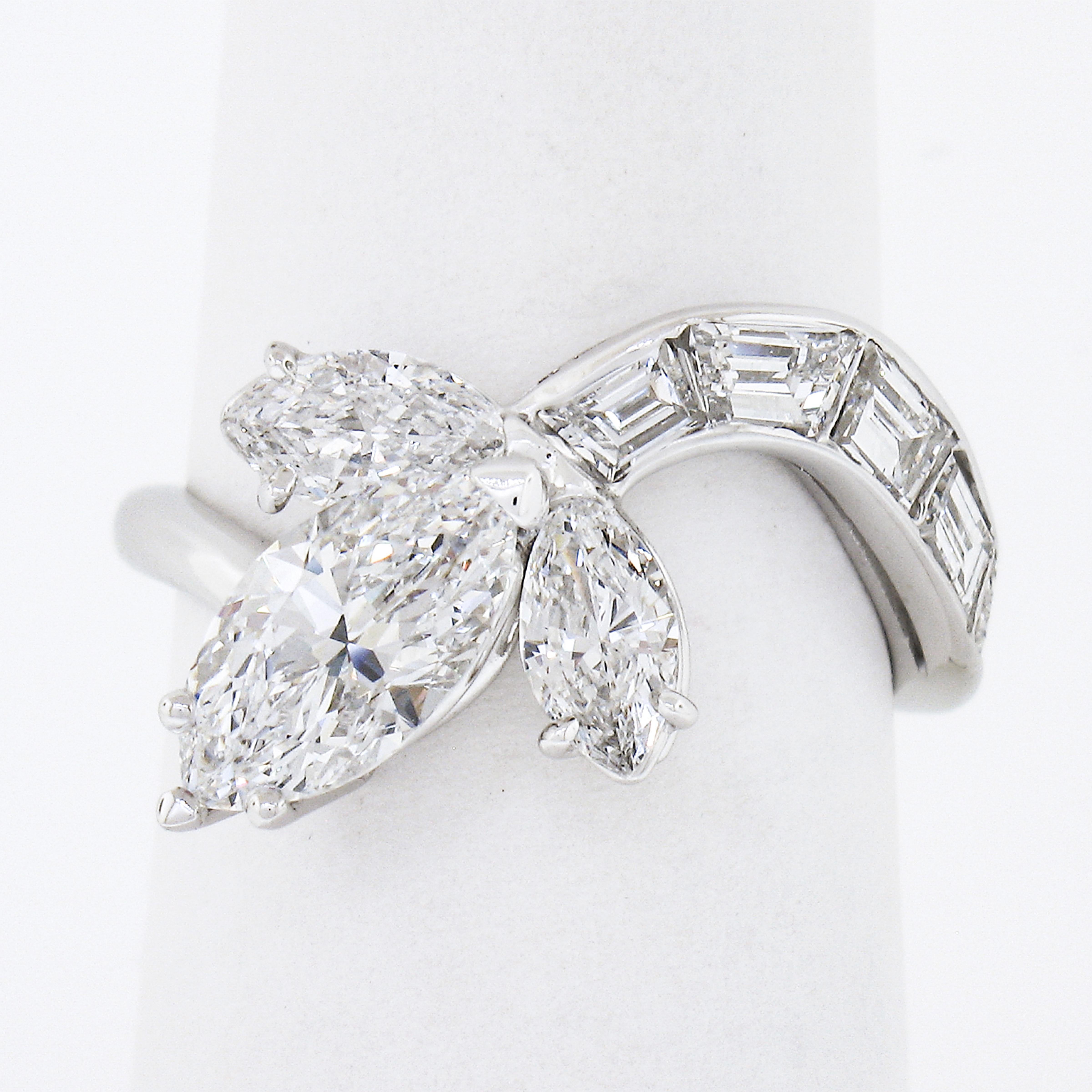 Vintage Platinum 2.53ctw GIA D/IF Marquise Floral Wrap Diamond Baguette Ring For Sale 2