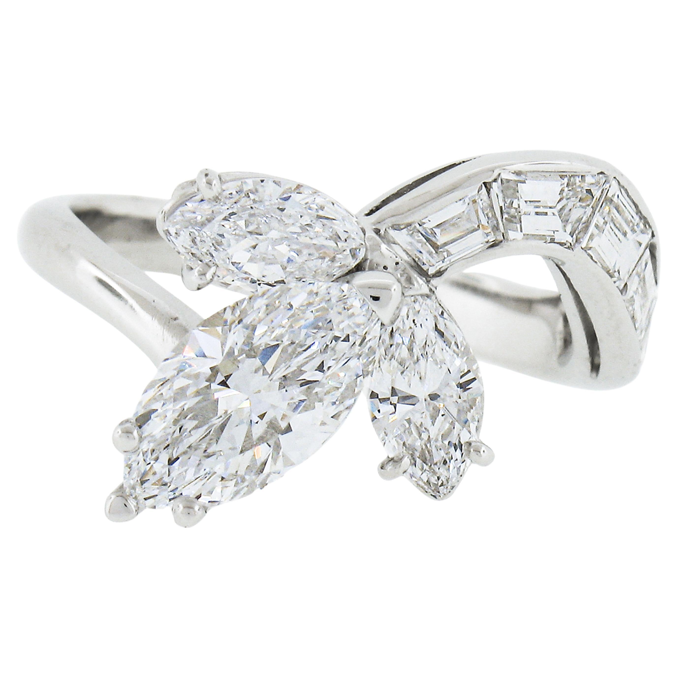 Platin 2,53 Karat GIA D/IF Marquise Floral Wrap Diamant Baguette Ring Vintage