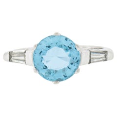 Vintage Platinum 2.56ctw Aquamarine Solitaire & Baguette Diamond 3 Stones Ring
