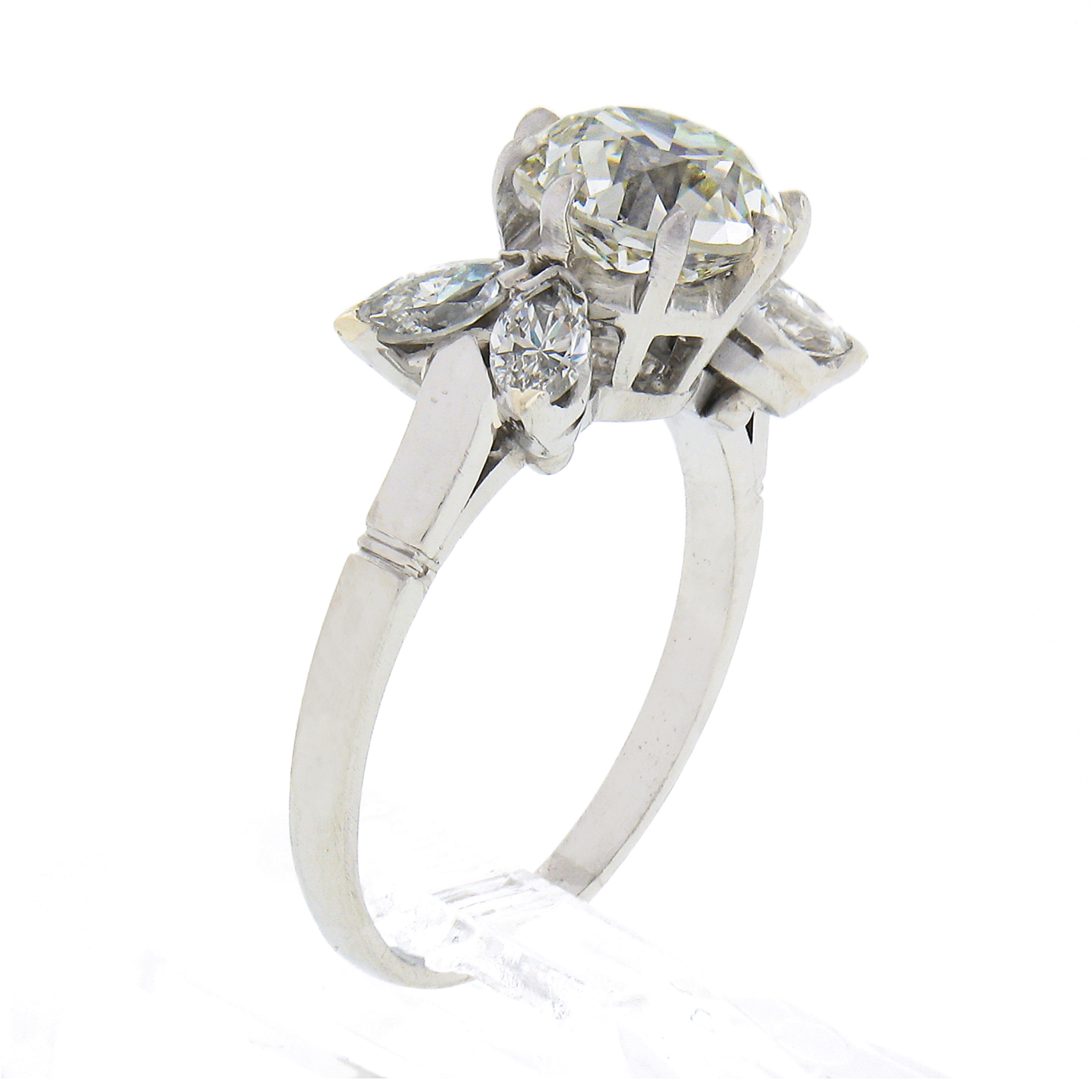 Vintage Platinum 2.58ct GIA European Diamond w/ Marquise Accents Engagement Ring For Sale 2