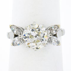 Vintage Platinum 2.58ct GIA European Diamond w/ Marquise Accents Engagement Ring