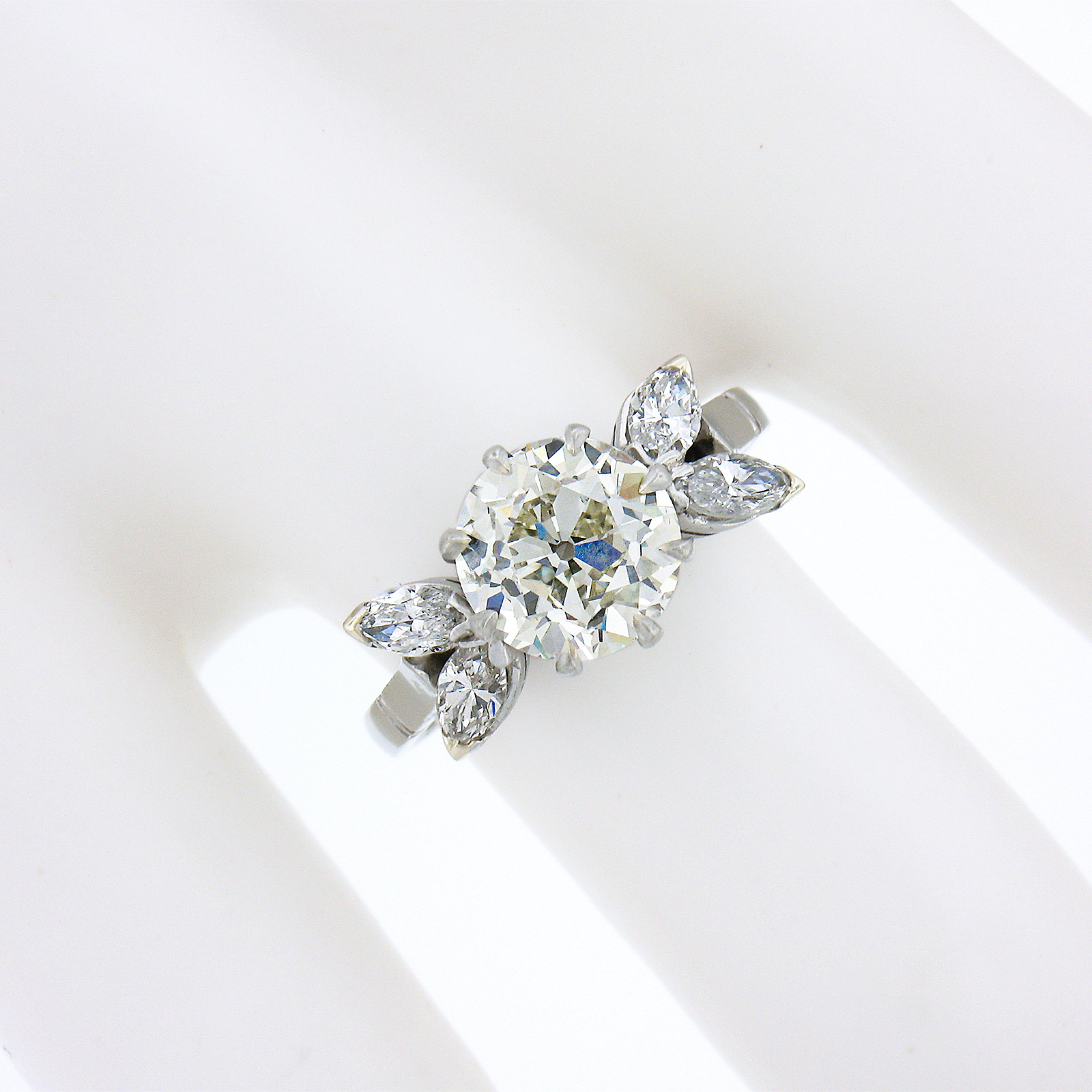 Retro Vintage Platinum 2.58ct GIA European Diamond w/ Marquise Accents Engagement Ring For Sale