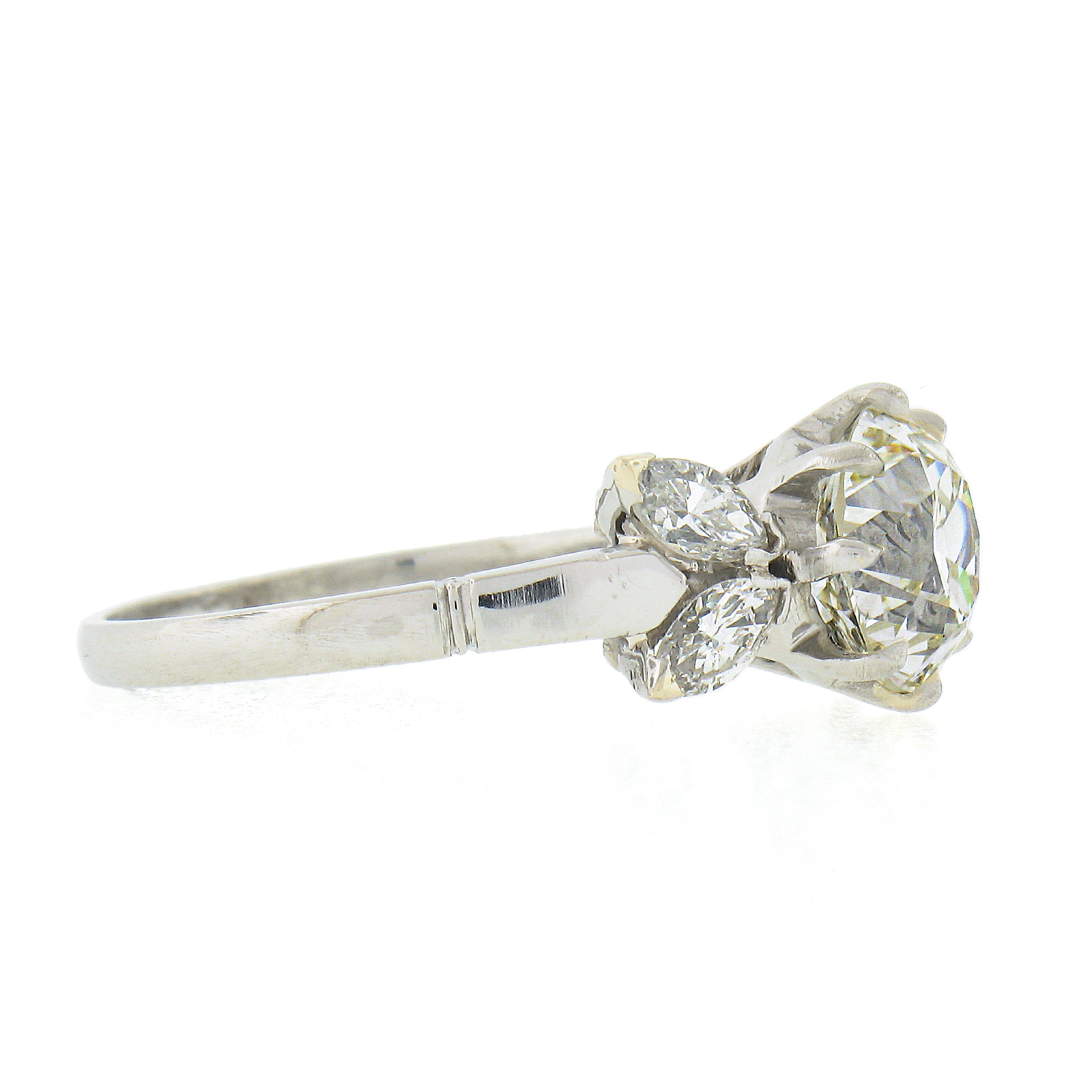 Retro Vintage Platinum 2.58ct GIA European Diamond w/ Marquise Accents Engagement Ring For Sale