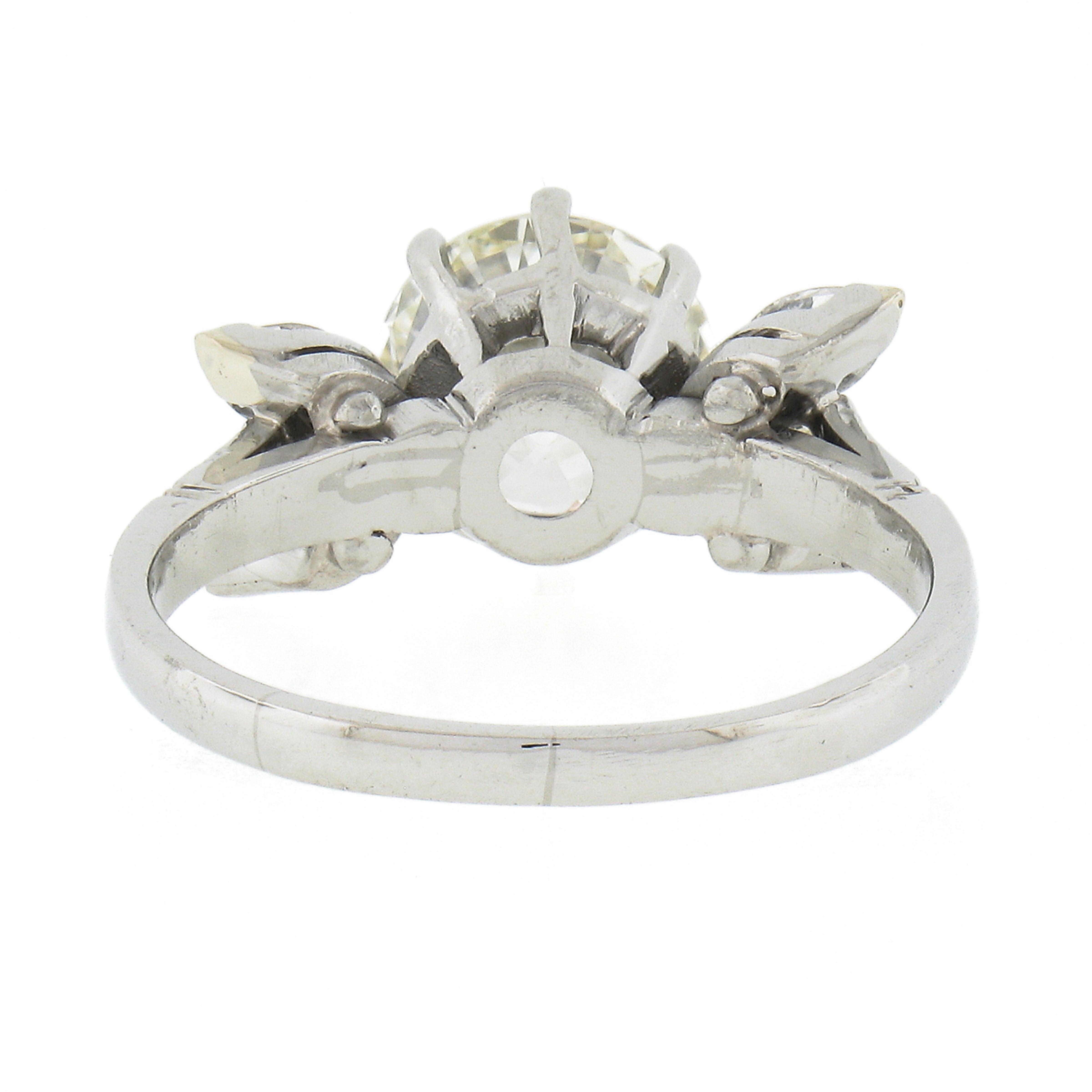 Women's Vintage Platinum 2.58ct GIA European Diamond w/ Marquise Accents Engagement Ring For Sale