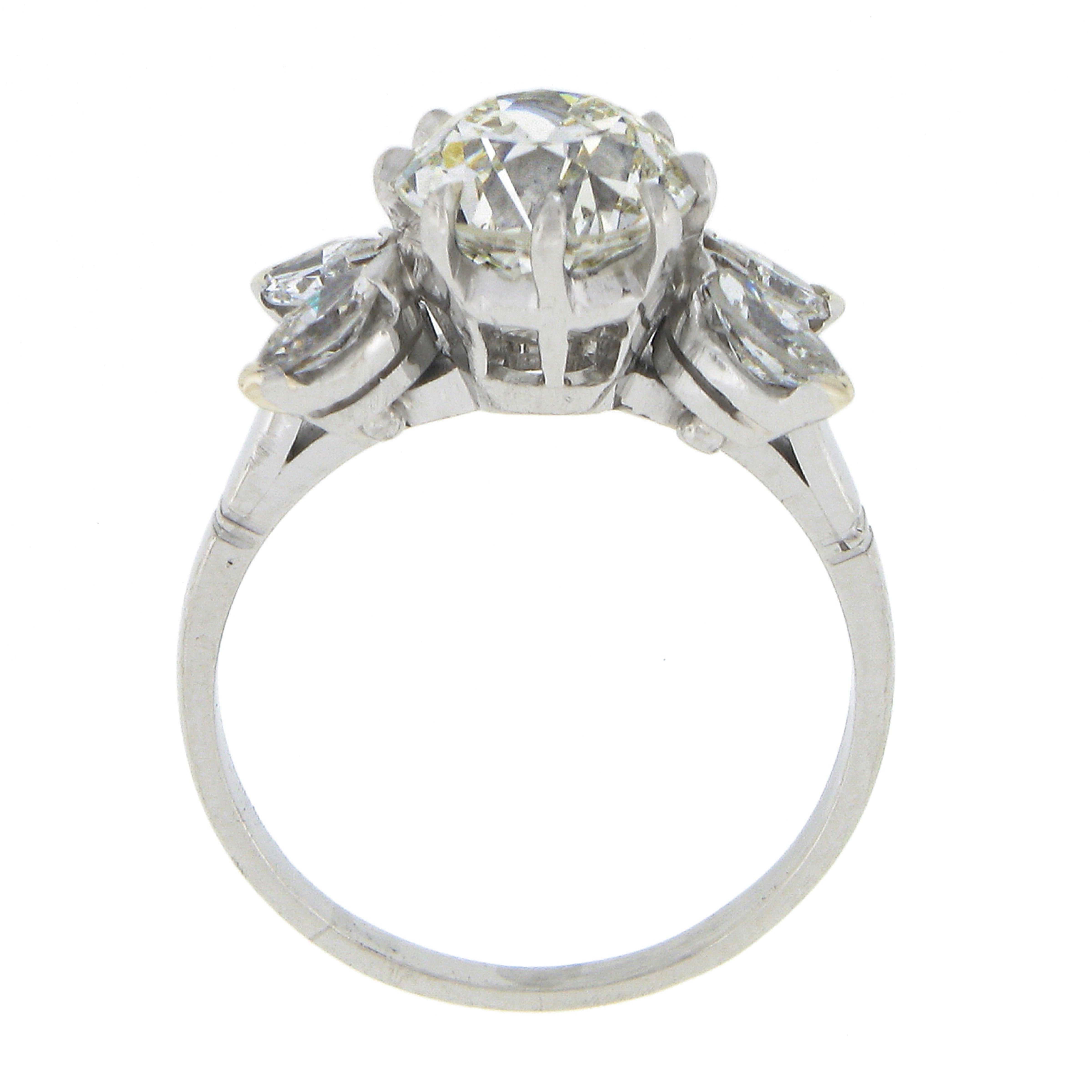 Vintage Platinum 2.58ct GIA European Diamond w/ Marquise Accents Engagement Ring For Sale 1