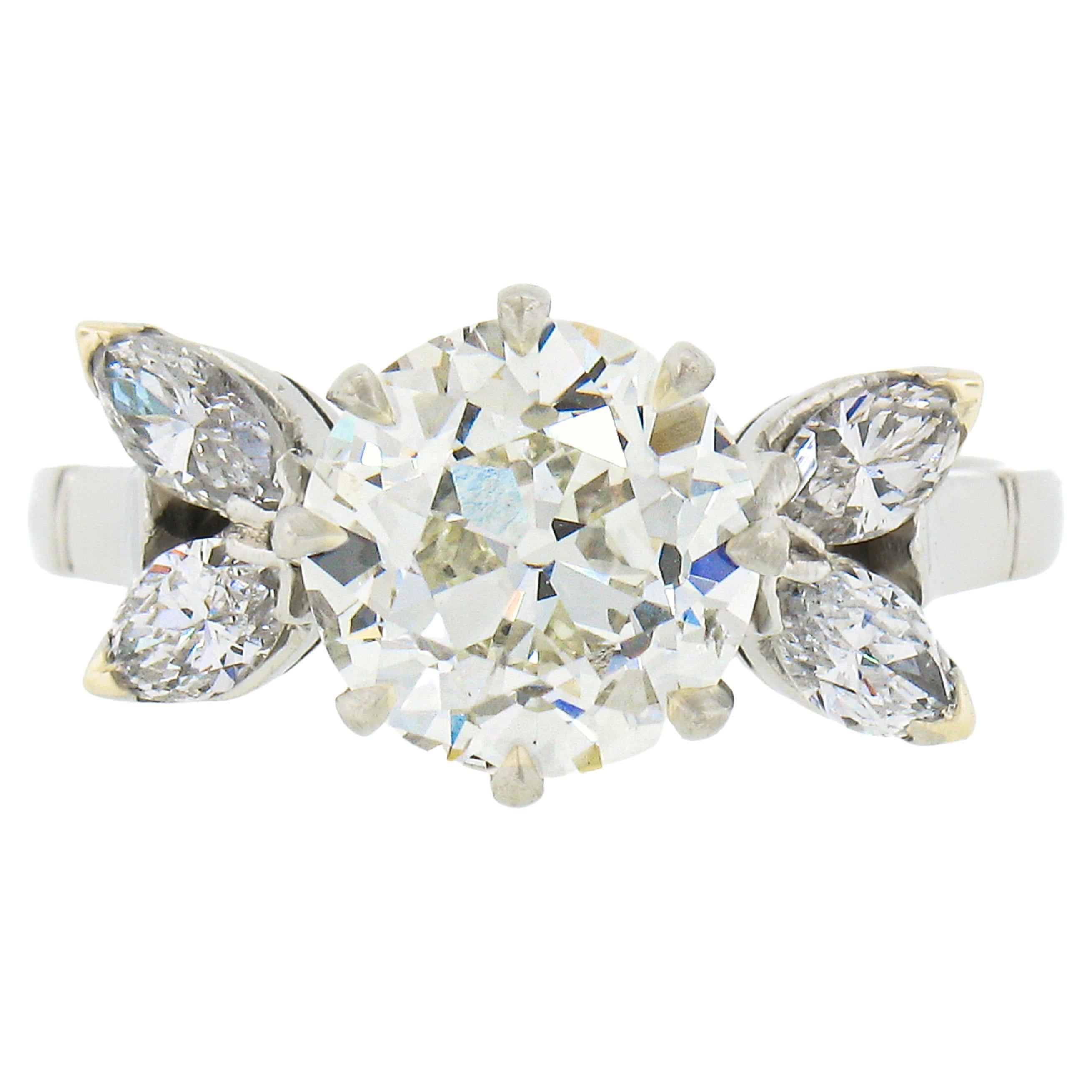 Vintage Platinum 2.58ct GIA European Diamond w/ Marquise Accents Engagement Ring