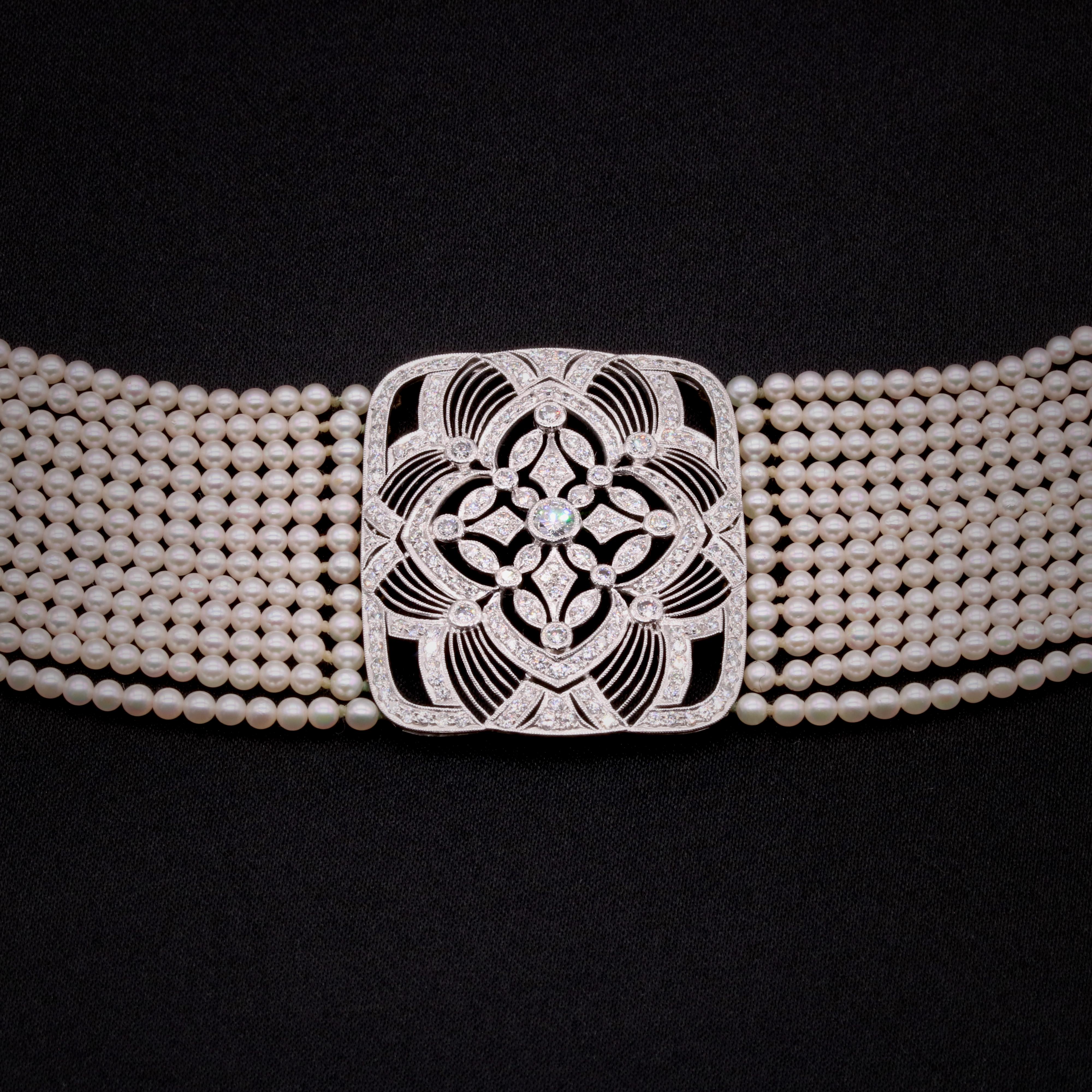 Halskette aus Platin mit 2,5 Karat Diamanten und mehrreihigen Perlenkragen von Adler, Vintage im Zustand „Gut“ im Angebot in Staines-Upon-Thames, GB