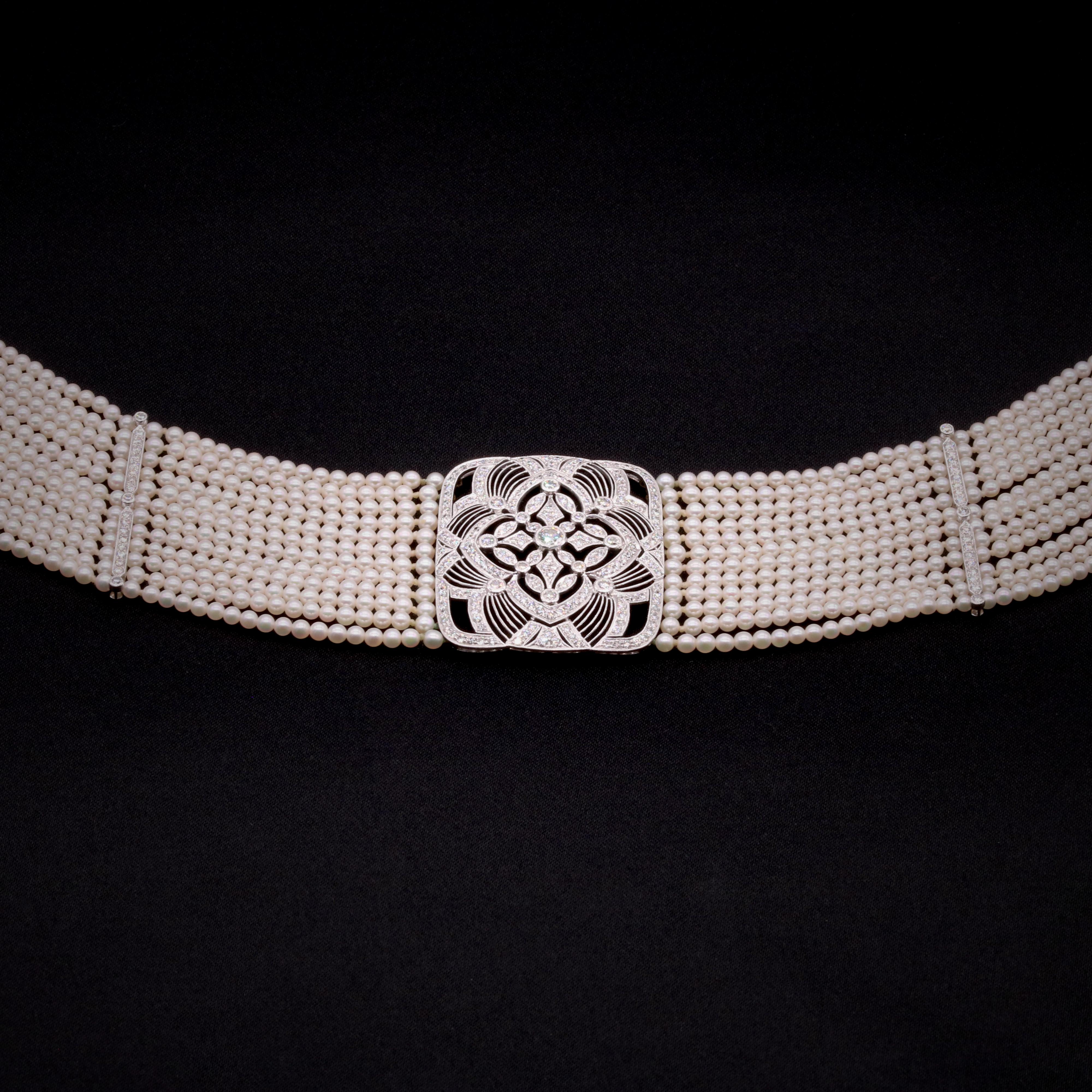 Halskette aus Platin mit 2,5 Karat Diamanten und mehrreihigen Perlenkragen von Adler, Vintage im Angebot 3