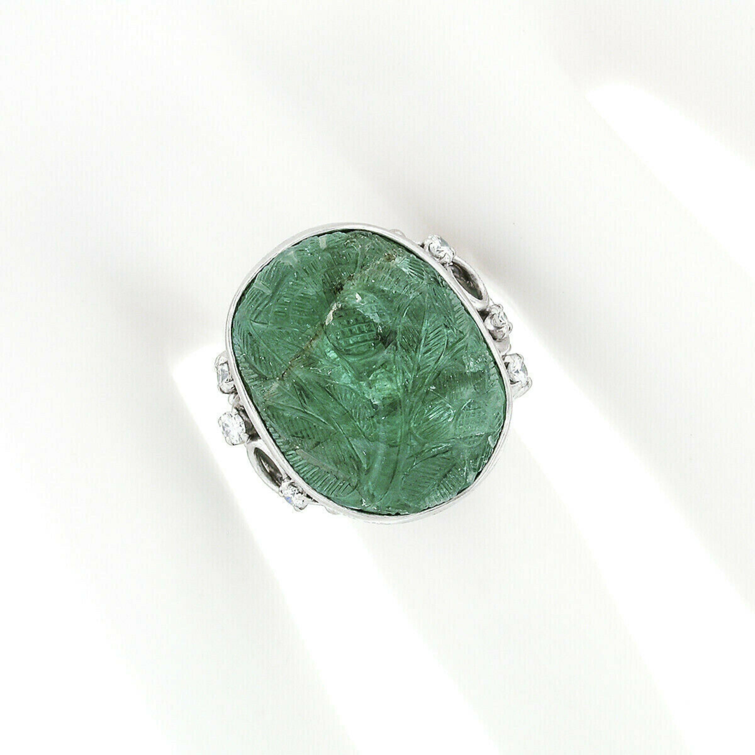 Oval Cut Vintage Platinum 26.06ctw Floral Carved GIA Oval Cabochon Emerald & Diamond Ring