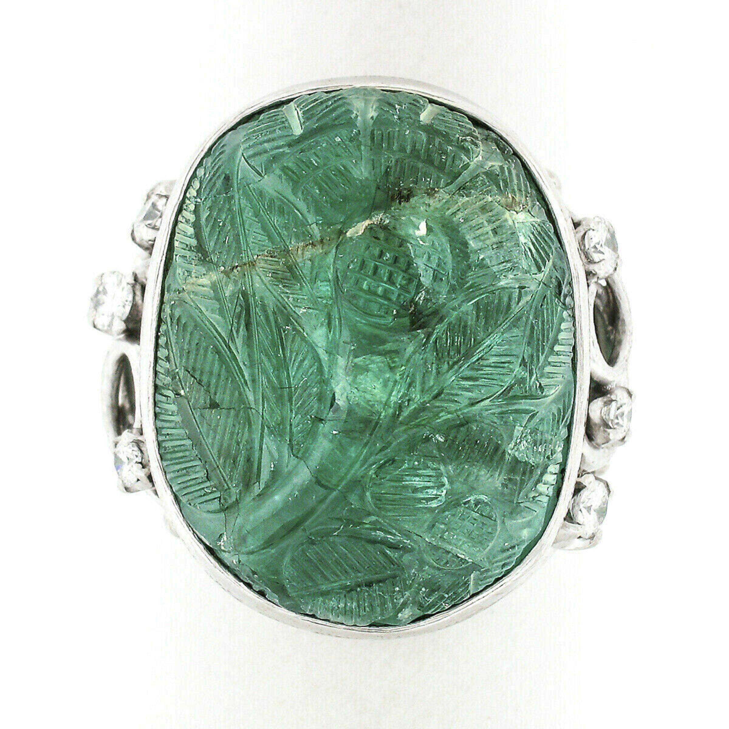 Vintage Platinum 26.06ctw Floral Carved GIA Oval Cabochon Emerald & Diamond Ring In Good Condition In Montclair, NJ