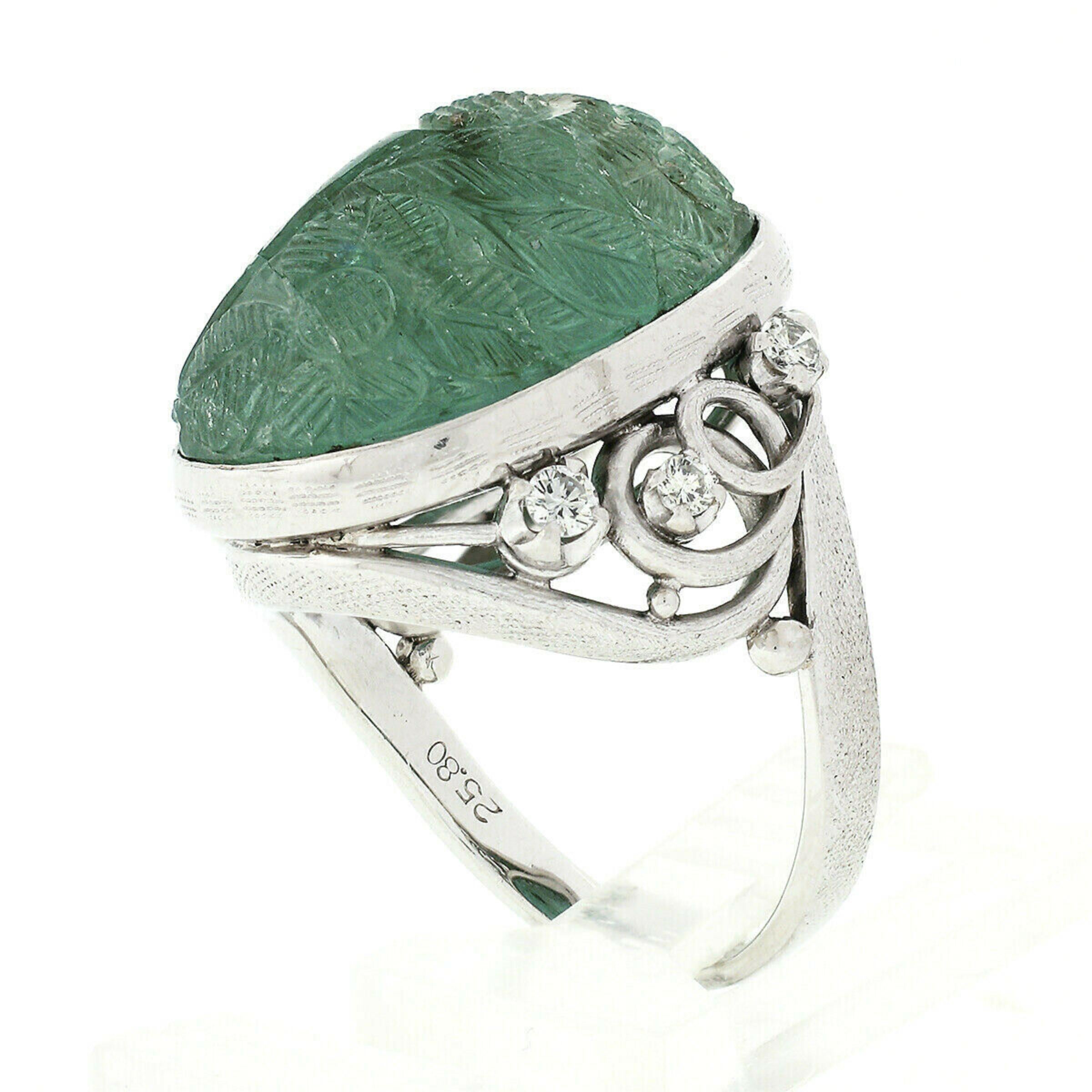 Women's or Men's Vintage Platinum 26.06ctw Floral Carved GIA Oval Cabochon Emerald & Diamond Ring
