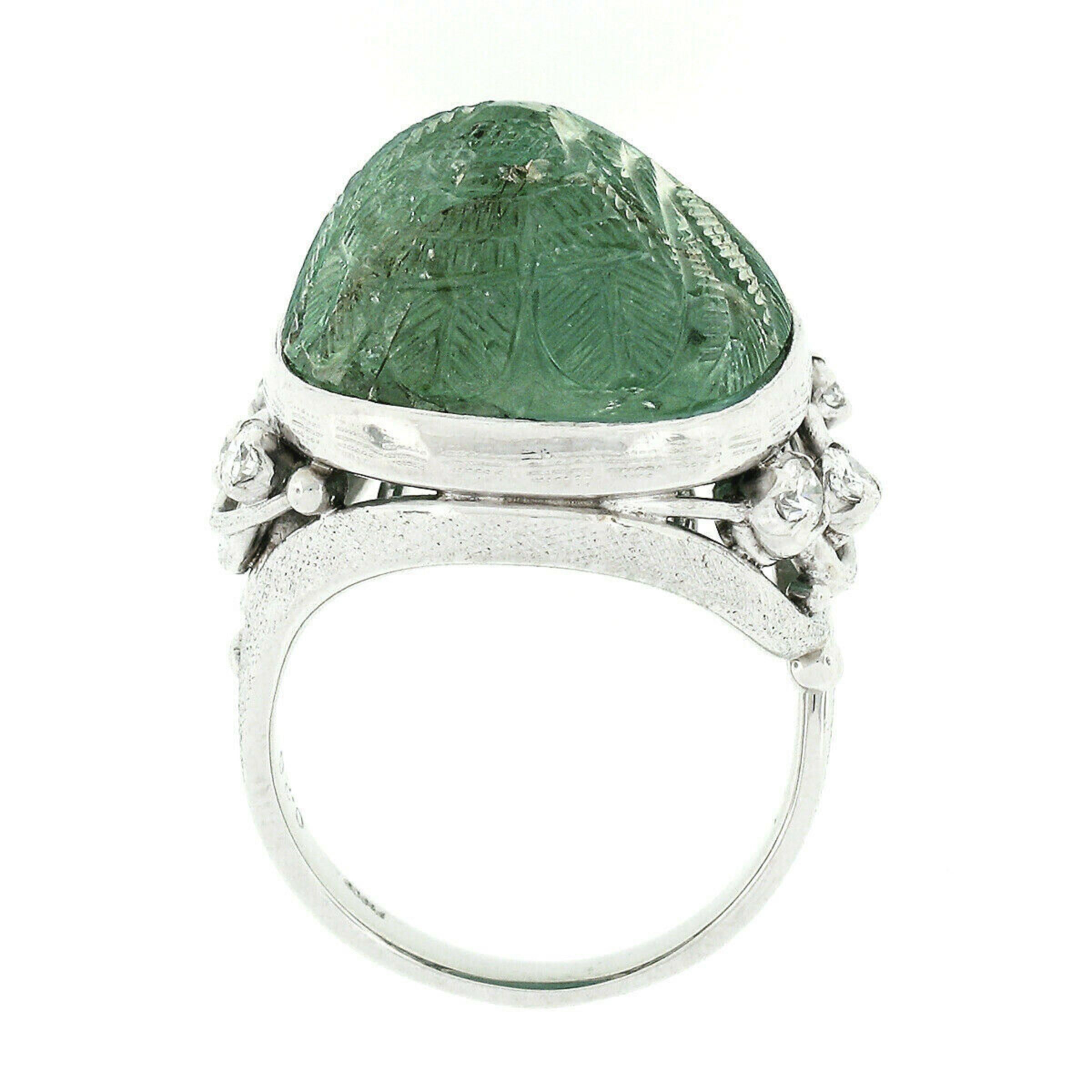 Vintage Platinum 26.06ctw Floral Carved GIA Oval Cabochon Emerald & Diamond Ring 1