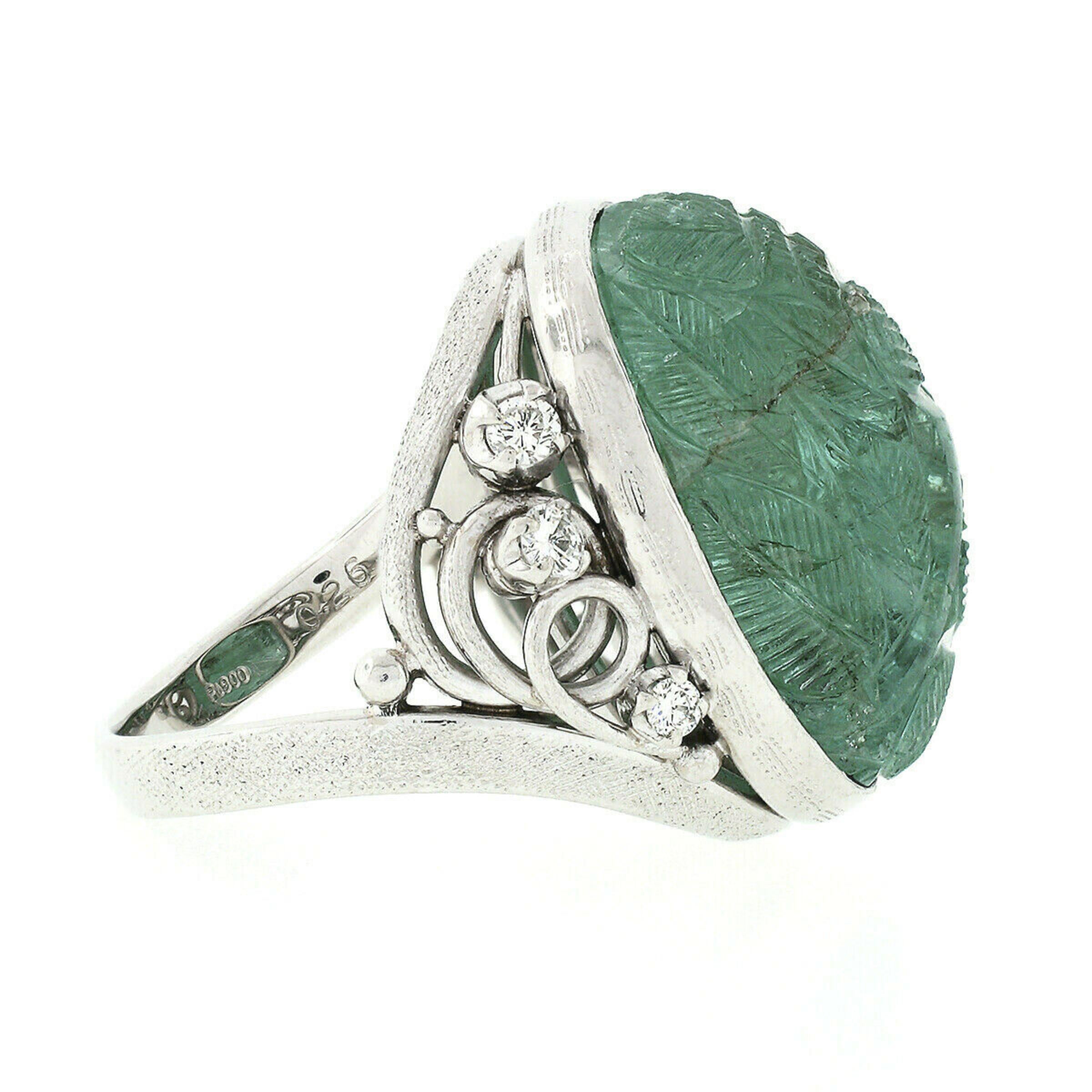 Vintage Platinum 26.06ctw Floral Carved GIA Oval Cabochon Emerald & Diamond Ring 3