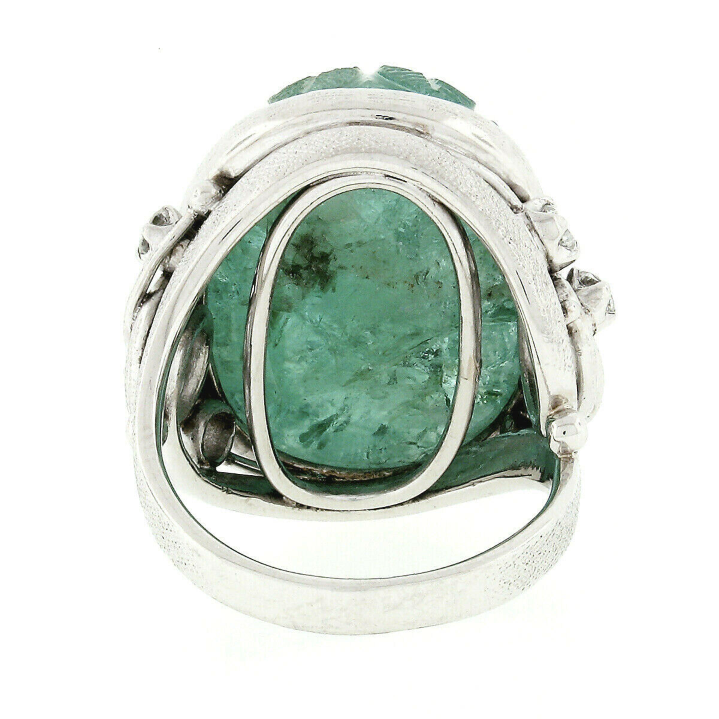 Vintage Platinum 26.06ctw Floral Carved GIA Oval Cabochon Emerald & Diamond Ring 4