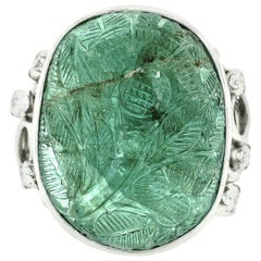 Vintage Platinum 26.06ctw Floral Carved GIA Oval Cabochon Emerald & Diamond Ring