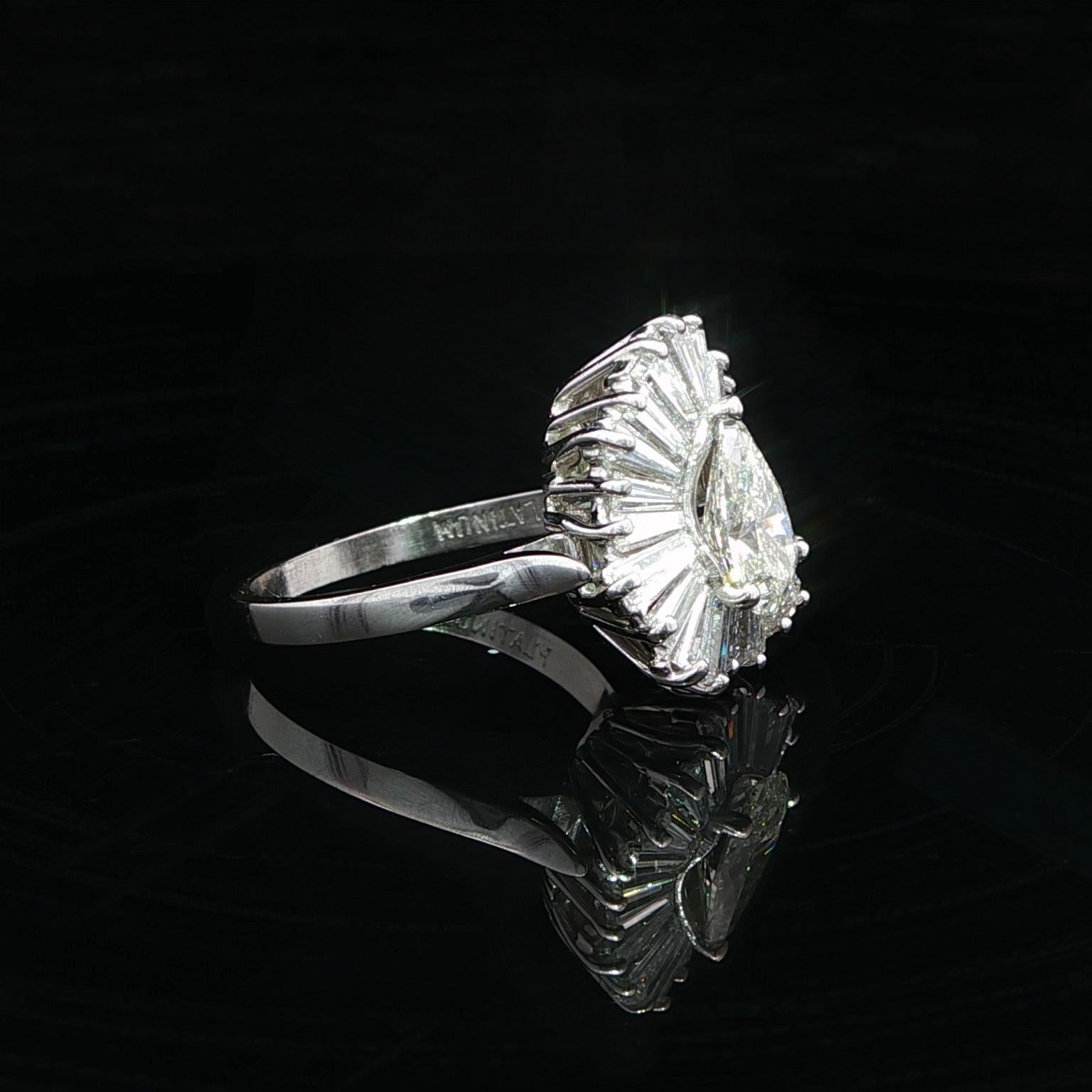 Vintage Platinum 2.94ct Pear & Baguette Diamond Ballerina Ring-dant Ring Pendant For Sale 5