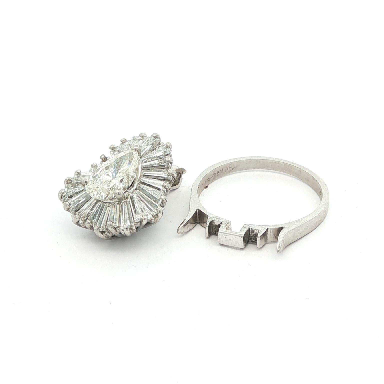 Vintage Platinum 2.94ct Pear & Baguette Diamond Ballerina Ring-dant Ring Pendant For Sale 12