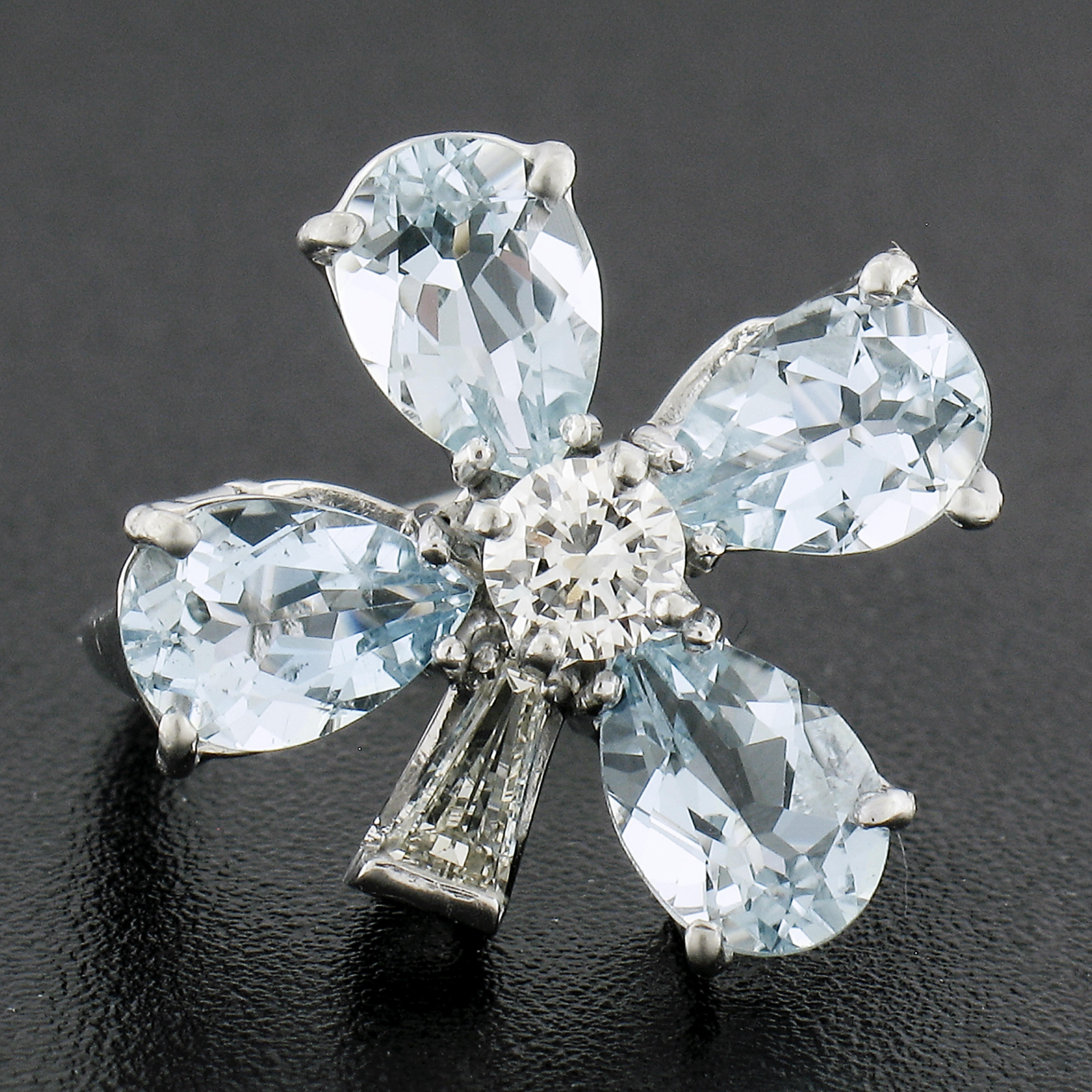 Pear Cut Vintage Platinum 2.99ctw Aquamarine & Diamond Lucky 4 Leaf Clover Flower Ring For Sale