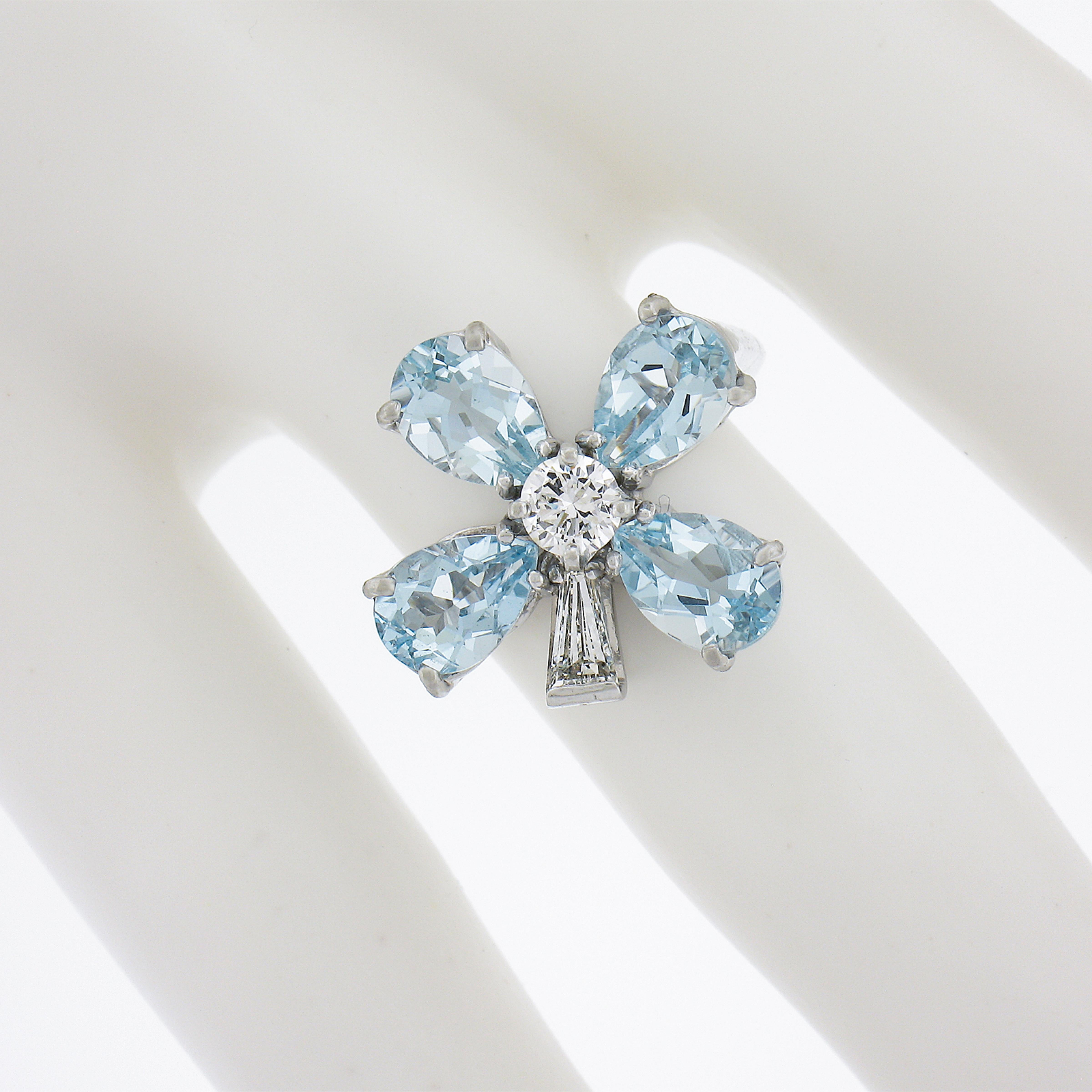 Vintage Platinum 2.99ctw Aquamarine & Diamond Lucky 4 Leaf Clover Flower Ring In Excellent Condition For Sale In Montclair, NJ