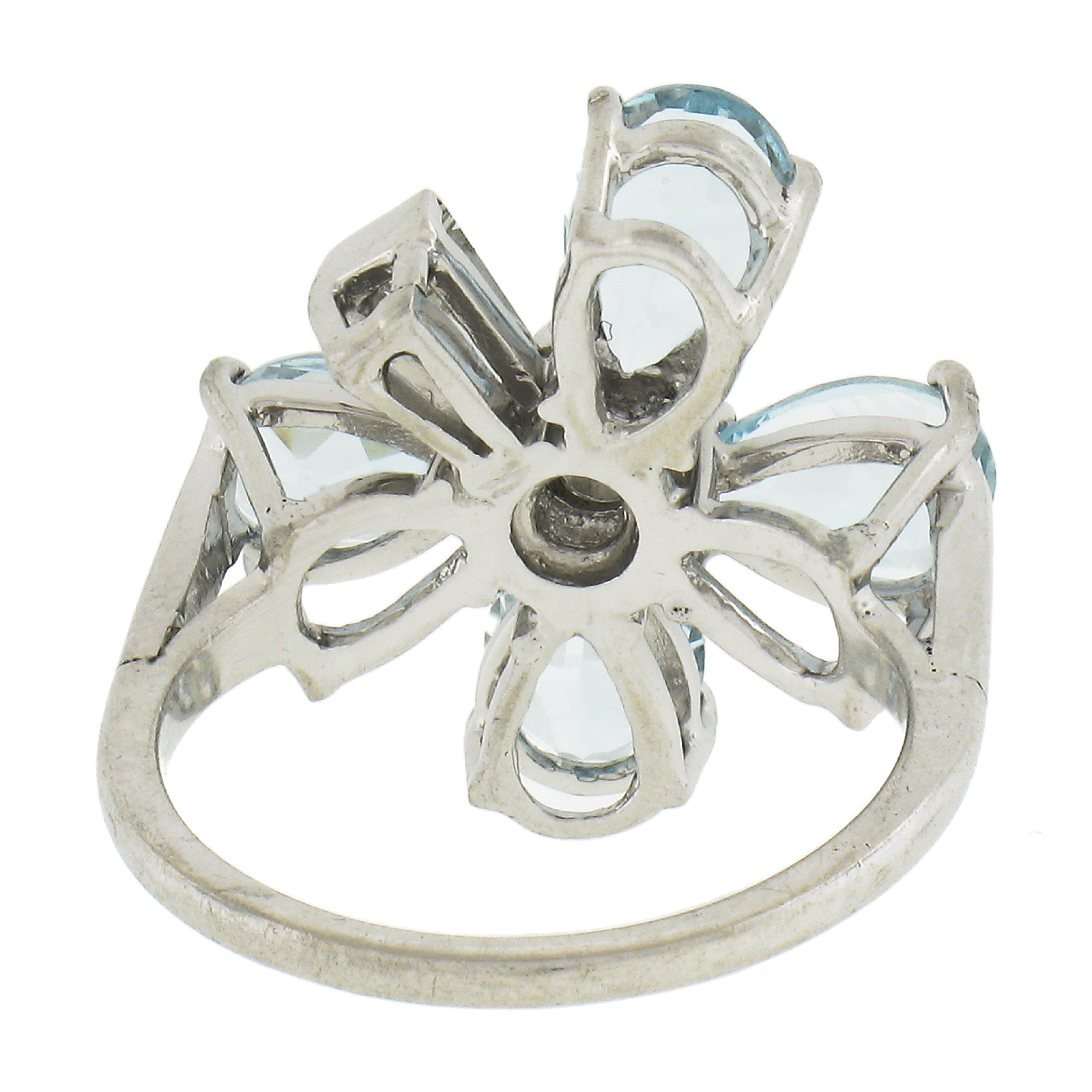 Vintage Platinum 2.99ctw Aquamarine & Diamond Lucky 4 Leaf Clover Flower Ring For Sale 2