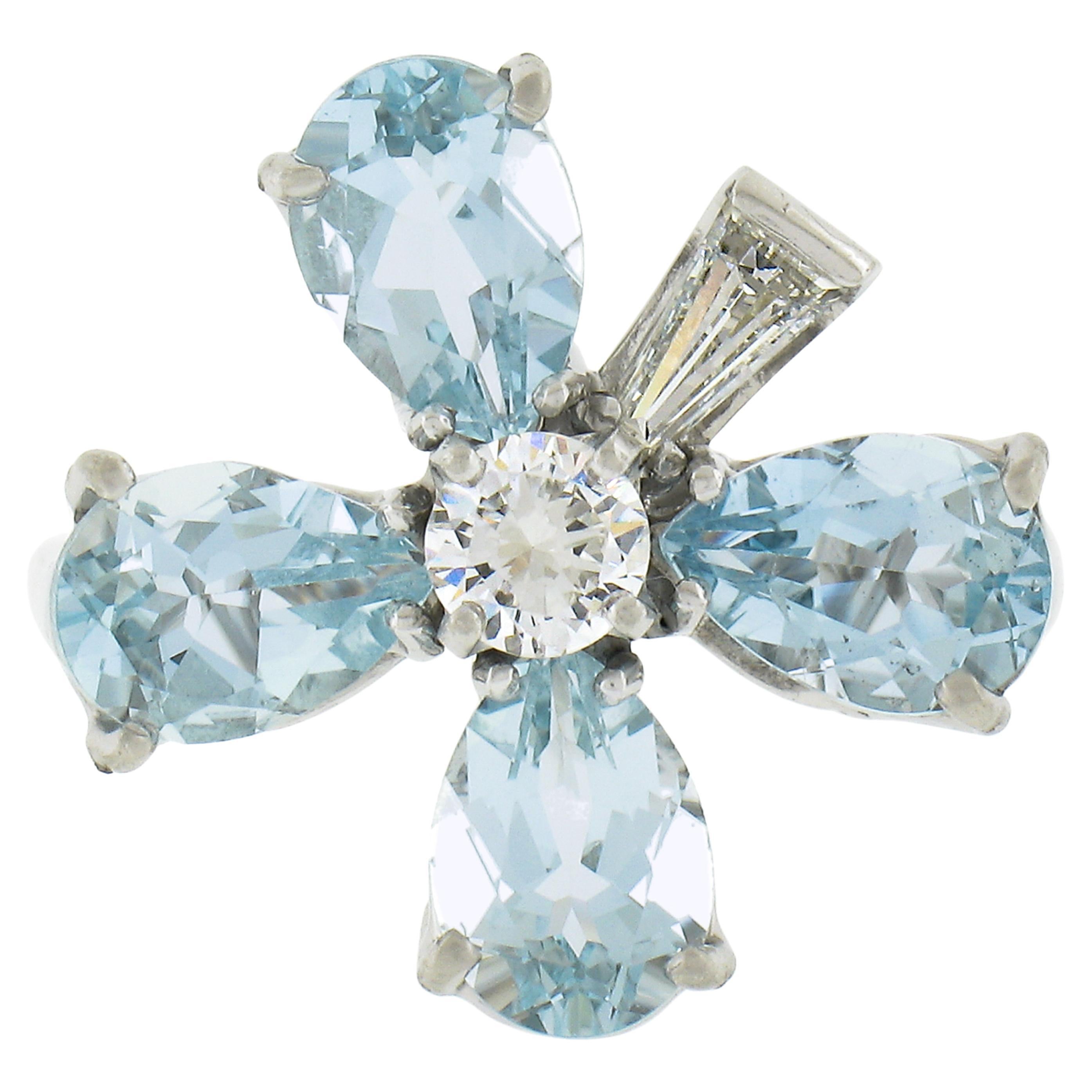 Vintage Platinum 2.99ctw Aquamarine & Diamond Lucky 4 Leaf Clover Flower Ring For Sale