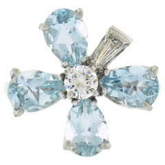 Vintage Platinum 2.99ctw Aquamarine & Diamond Lucky 4 Leaf Clover Flower Ring