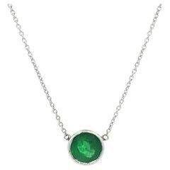 Vintage Platinum 2ct Round Bezel Emerald Solitaire Pendant Adjustable Necklace