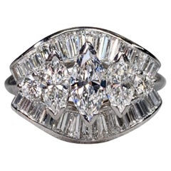 Vintage Platinum 3 Stone Marquise Baguette Diamond Cocktail Ring G VS NUMBERED