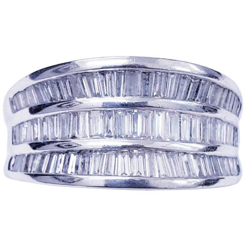 Vintage Platinum 3.00 Carat Three-Row Tapered Baguette Diamonds Band Ring For Sale