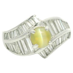 Vintage Platinum 3.02ctw Cat's Eye Chrysoberyl w/ Baguette Diamond Band Ring