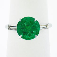 Vintage Platinum 3.04ctw GIA Round Brilliant Green Emerald Baguette Diamond Ring