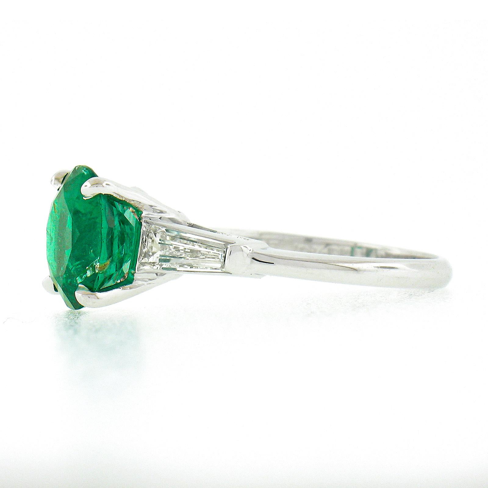 Women's Vintage Platinum 3.04ctw GIA Round Brilliant Green Emerald Baguette Diamond Ring For Sale