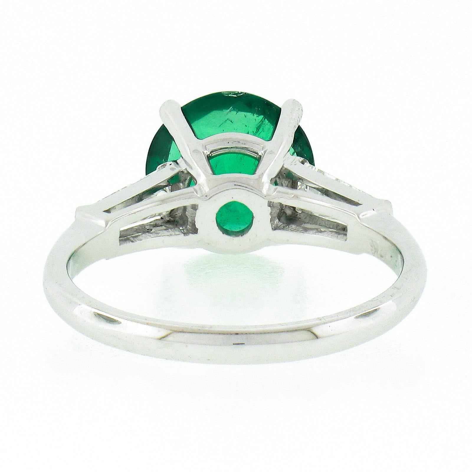 Vintage Platinum 3.04ctw GIA Round Brilliant Green Emerald Baguette Diamond Ring For Sale 1