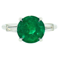 Vintage Platinum 3.04ctw GIA Round Brilliant Green Emerald Baguette Diamond Ring