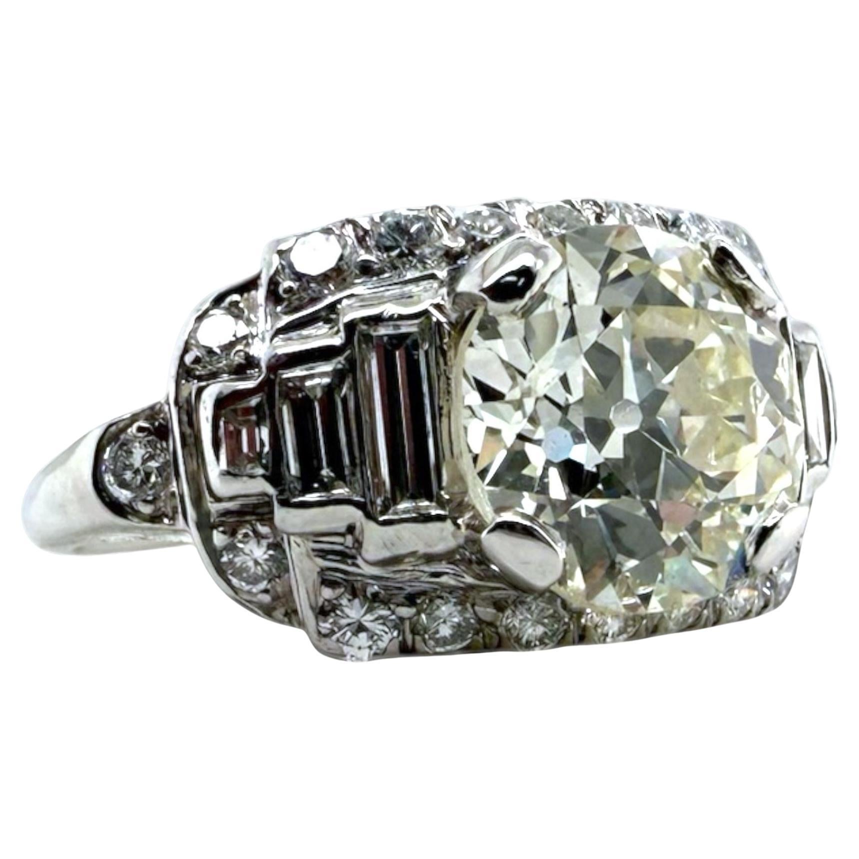 Bague de fiançailles en platine vintage de 3.09 carat de diamant de taille européenne ancienne