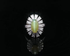 Vintage Platinum 3.09ctw Cat's Eye w/ Flared Pave Diamond Halo Oval Ring