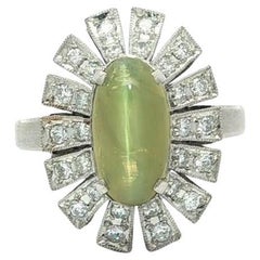 Vintage Platinum 3.09ctw Cat's Eye w/ Flared Pave Diamond Halo Oval Ring