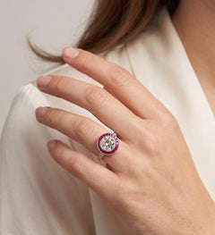Vintage Platinum 3.17cts Old Euro Cut Diamond and 1.19cts Ruby Halo Ring