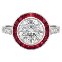 Vintage Platinum 3.17cts Old Euro Cut Diamond and 1.19cts Ruby Halo Ring