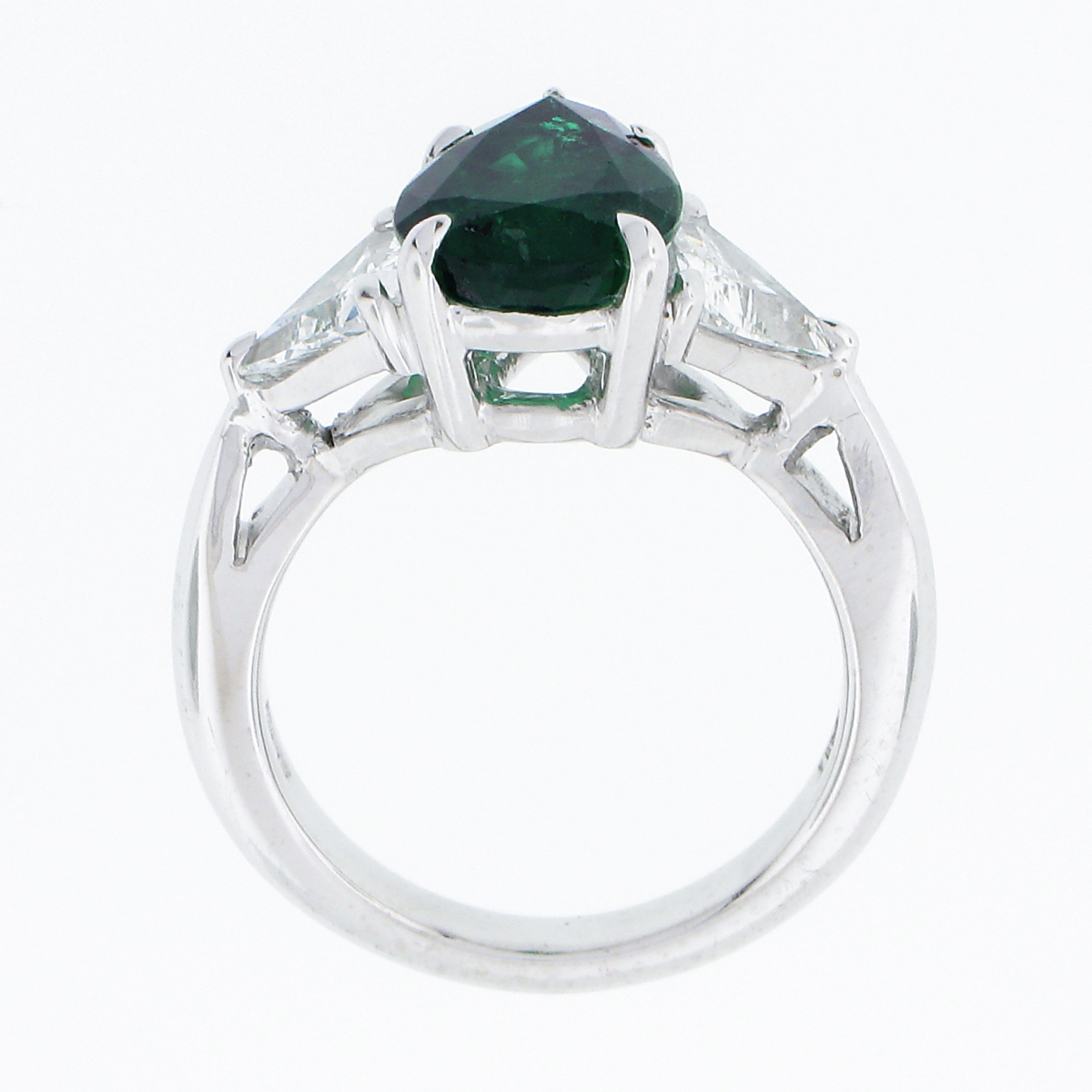 Pear Cut Vintage Platinum 3.18ctw GIA Pear Green Emerald w/ Trillion Diamond 3 Stone Ring For Sale