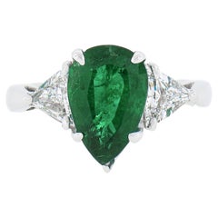 Vintage Platinum 3.18ctw GIA Pear Green Emerald w/ Trillion Diamond 3 Stone Ring