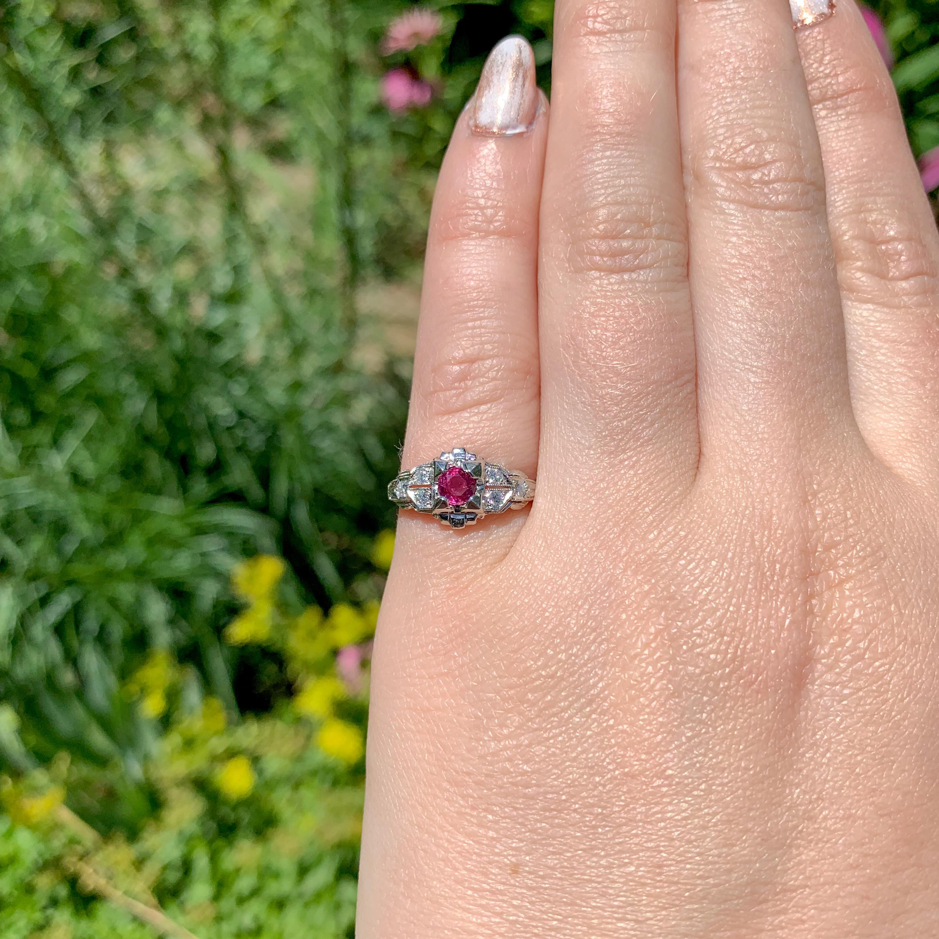 Vintage Platinum .31ct Ruby and Diamond Ring For Sale 2
