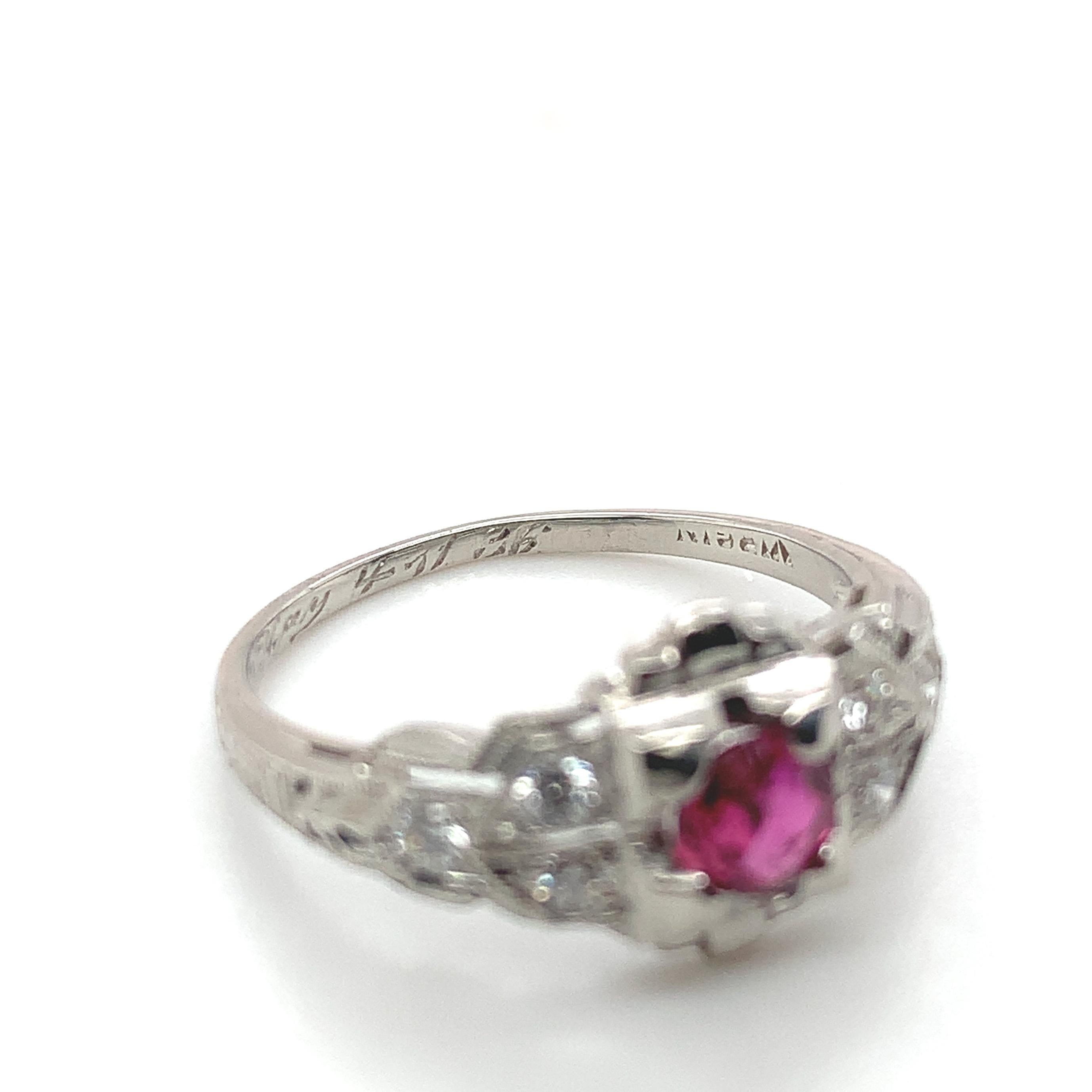 Vintage Platinum .31ct Ruby and Diamond Ring For Sale 4
