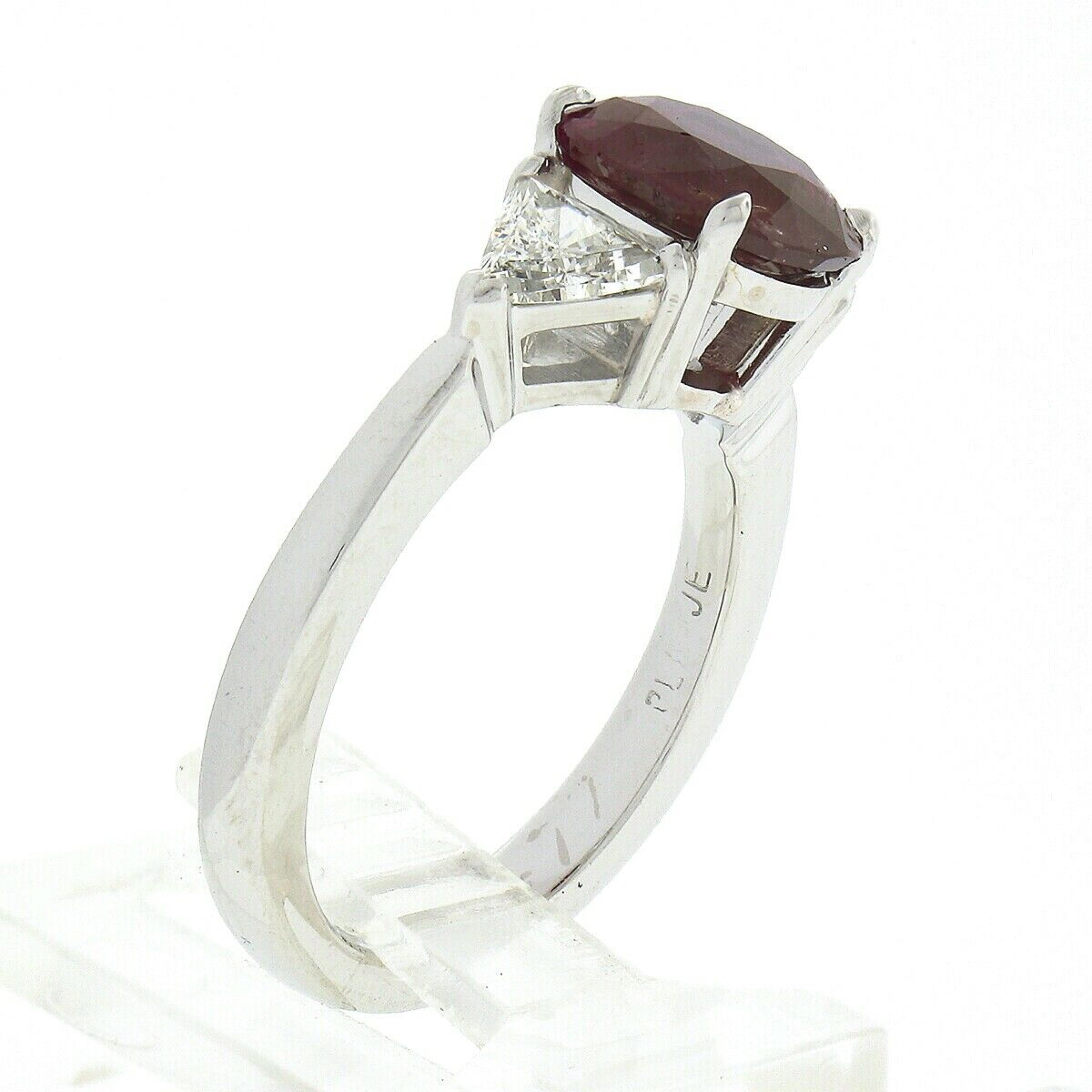 Vintage Platinum 3.23ctw GIA Burma No Heat Oval Cut Ruby & Trillion Diamond Ring For Sale 6