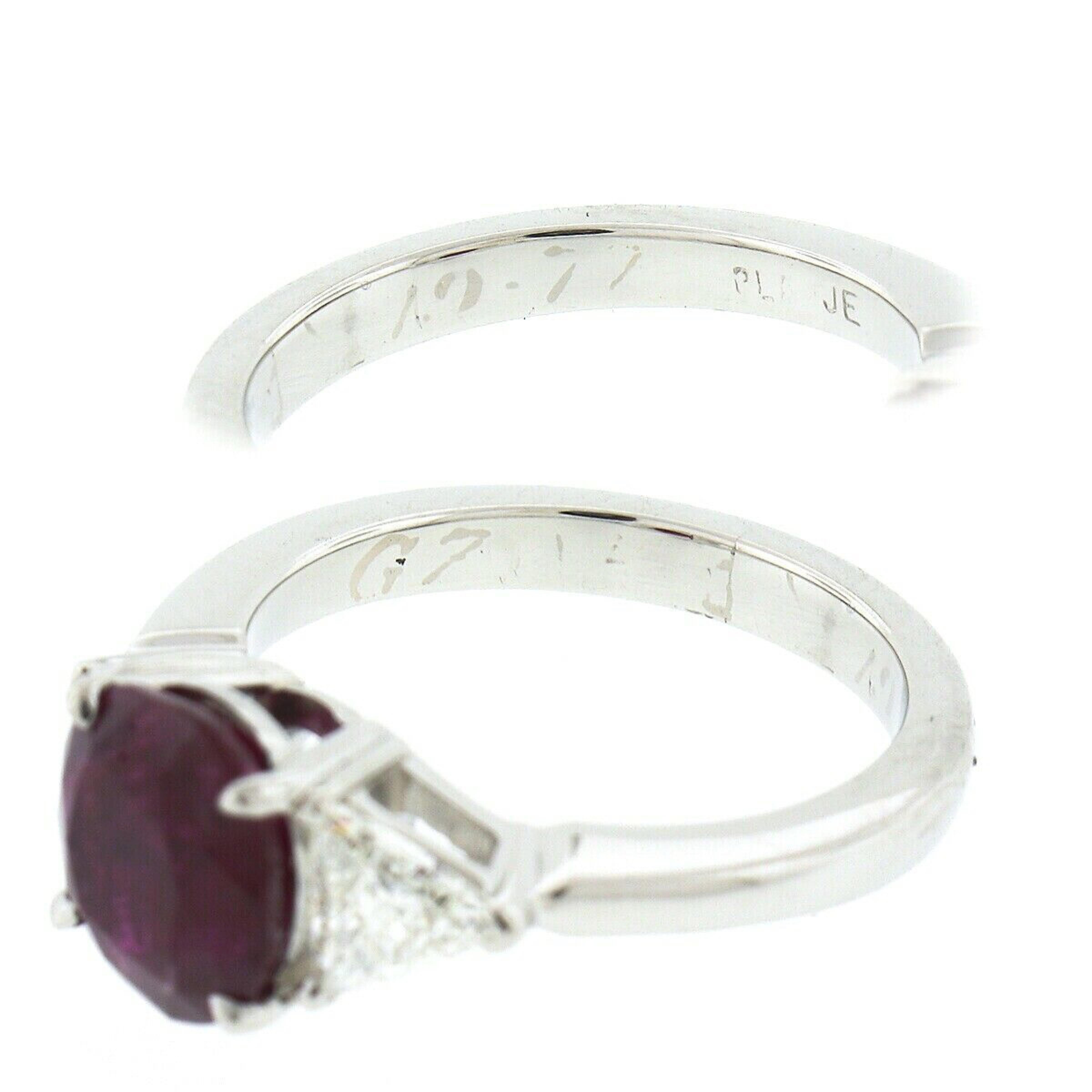 Vintage Platinum 3.23ctw GIA Burma No Heat Oval Cut Ruby & Trillion Diamond Ring For Sale 7