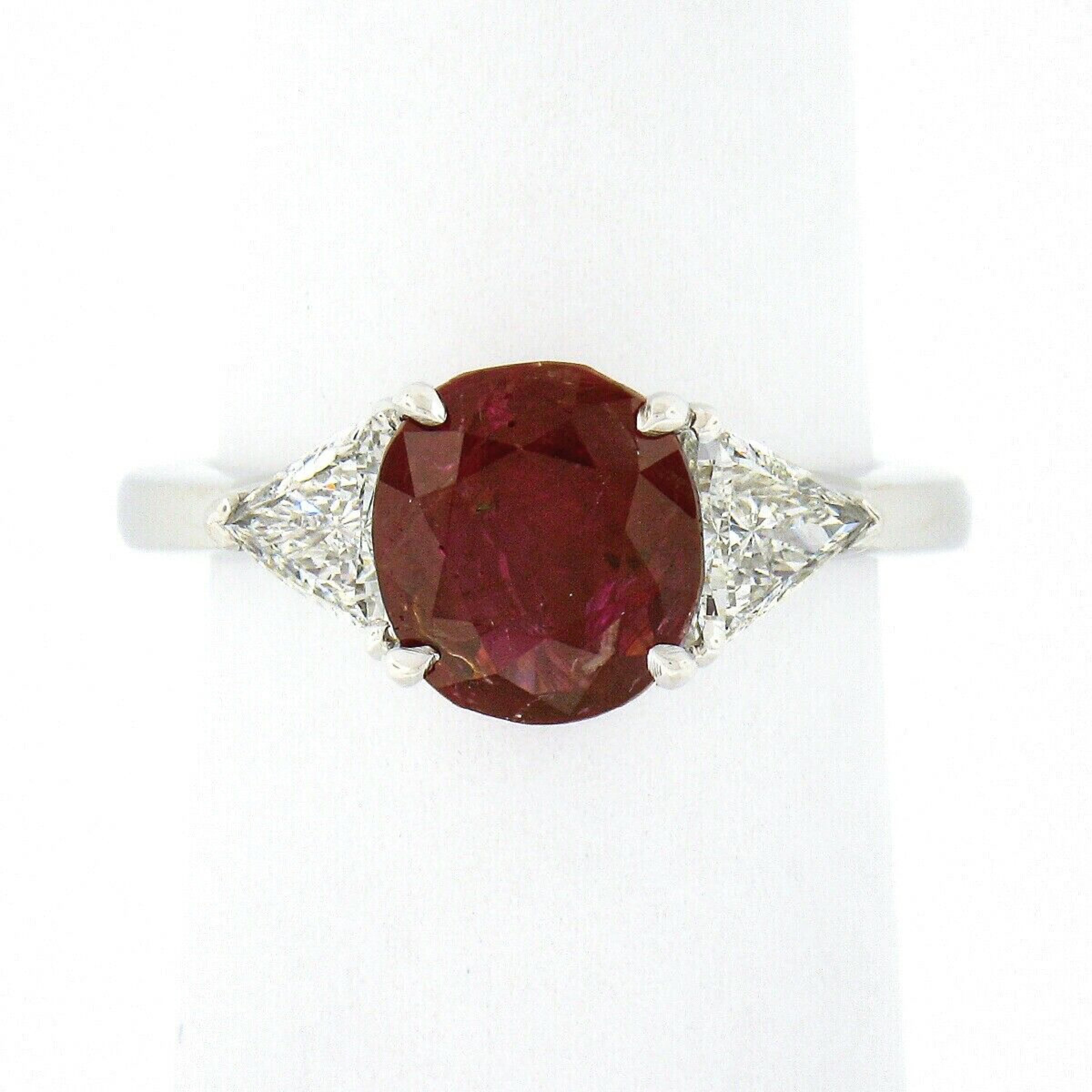 Vintage Platinum 3.23ctw GIA Burma No Heat Oval Cut Ruby & Trillion Diamond Ring In Good Condition In Montclair, NJ