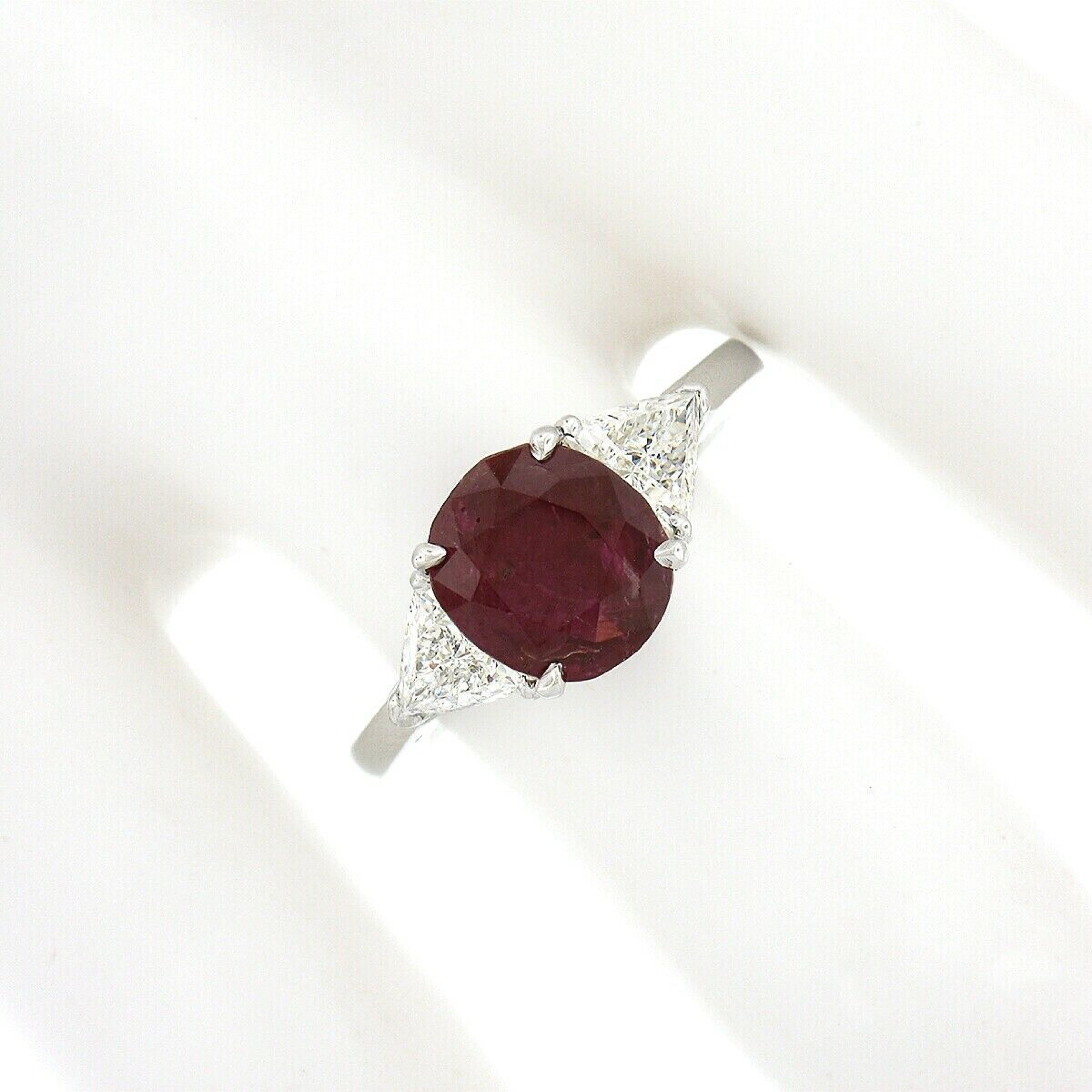 Vintage Platinum 3.23ctw GIA Burma No Heat Oval Cut Ruby & Trillion Diamond Ring 1