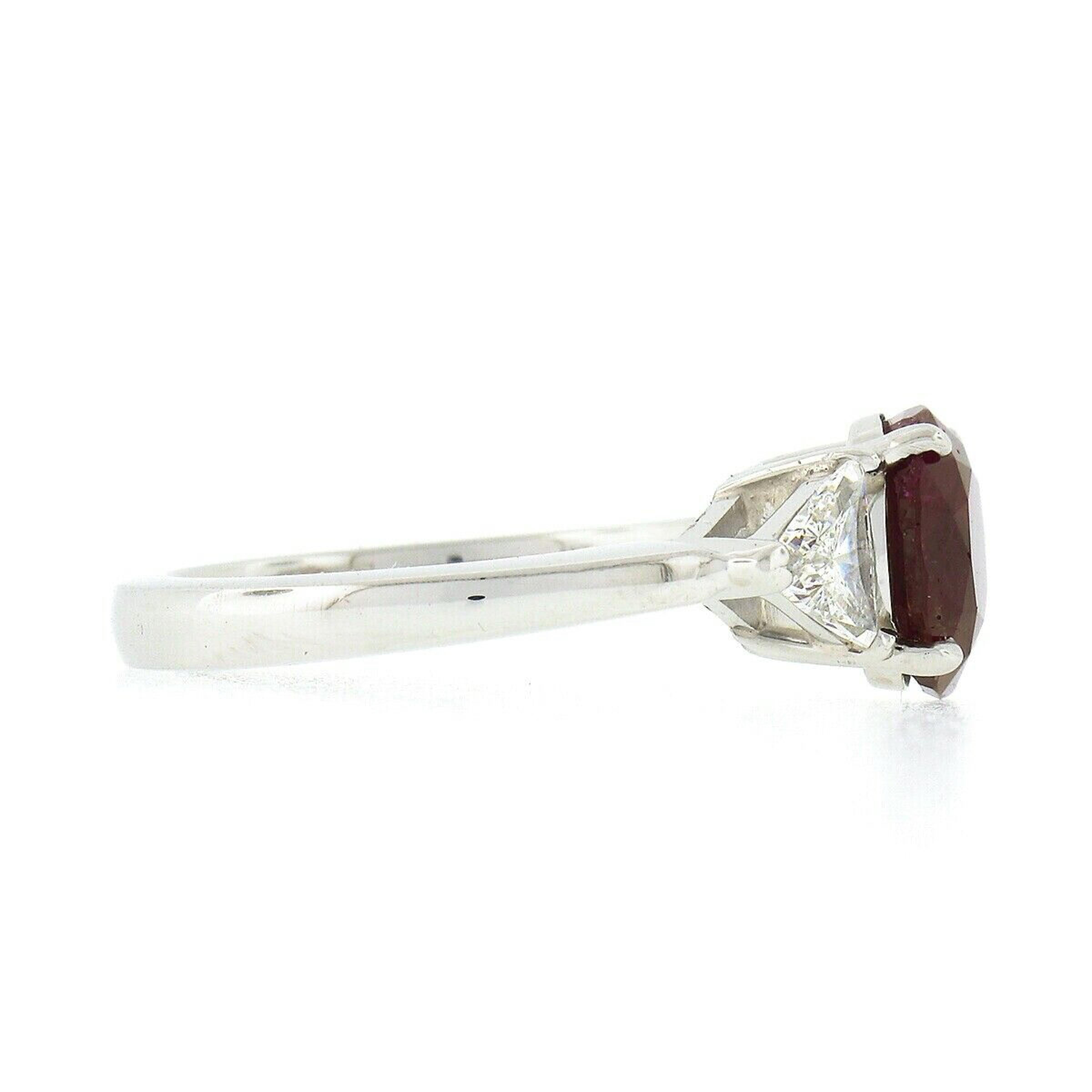 Vintage Platinum 3.23ctw GIA Burma No Heat Oval Cut Ruby & Trillion Diamond Ring For Sale 2