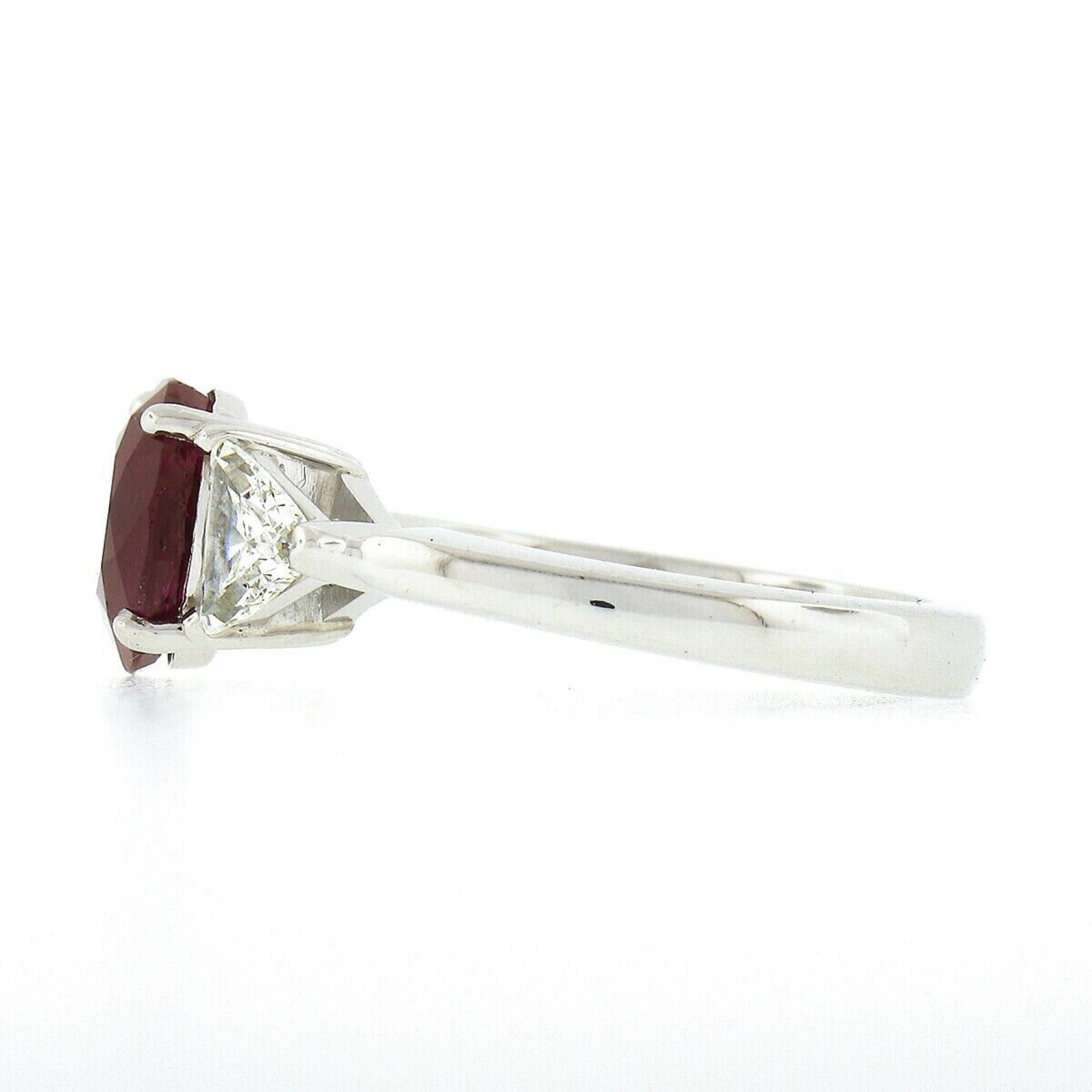 Vintage Platinum 3.23ctw GIA Burma No Heat Oval Cut Ruby & Trillion Diamond Ring For Sale 3